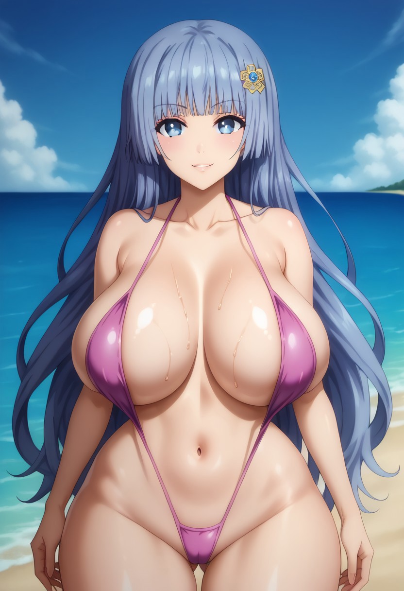 1girls ai_generated big_breasts bikini blue_eyes blue_hair breasts date_a_live enormous_breasts female female_focus female_only hips huge_breasts izayoi_miku large_breasts light-skinned_female looking_at_viewer sling_bikini slingshot_swimsuit smiling smiling_at_viewer thick_thighs thighs