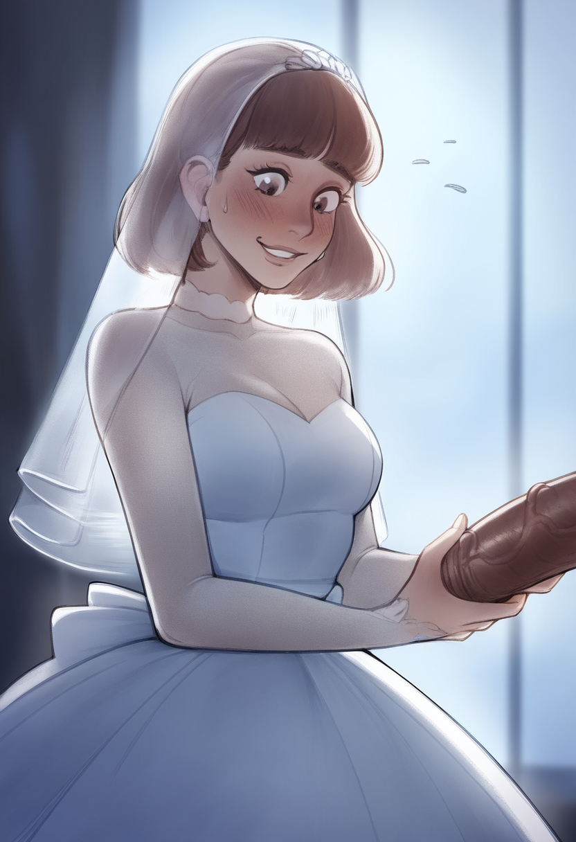 1boy 1girls ai_generated blush brown_eyes brown_hair choker dark-skinned_male happy holding_penis indoors interracial looking_down_at_penis smile su_whore_(artist) sweatdrop sweating sweaty veiny_penis wedding_dress wedding_veil