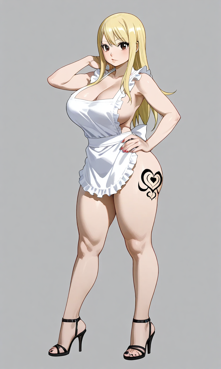 ai_generated big_breasts blonde_hair brown_eyes chloenette69 fairy_tail high_heels large_ass large_breasts long_hair looking_at_viewer lucy_heartfilia maid_uniform naked_apron naked_female petite_body solo_female stiletto_heels tattoo thick_thighs