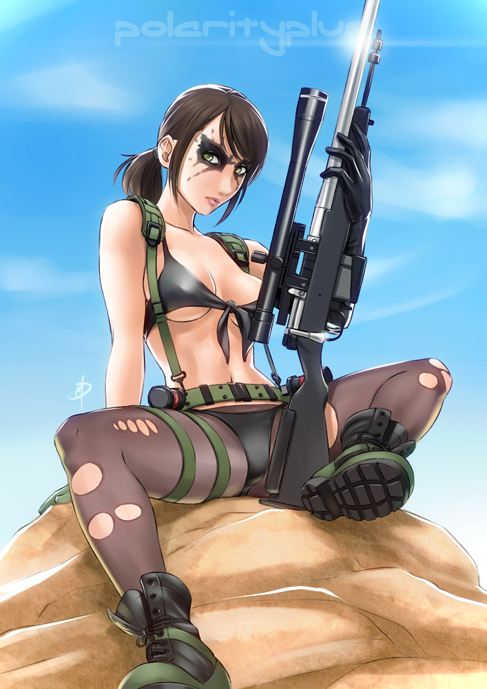 1girls bikini boots brown_hair cleavage clothed clothing daniel_macgregor facepaint female female_only fully_clothed human light-skinned_female light_skin metal_gear metal_gear_solid metal_gear_solid_v navel outdoor pantyhose partially_clothed polarityplus ponytail quiet_(metal_gear) revealing_clothes sitting skimpy_clothes sniper_rifle solo straps tied_hair torn_clothes torn_pantyhose underboob weapon