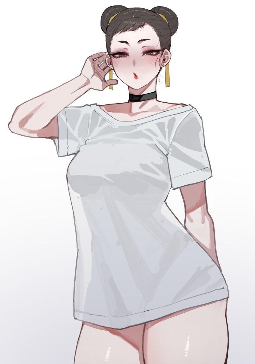 1girls blush brown_eyes brown_hair choker chun-li female female_only fit fit_female hair_bun human lipstick looking_at_viewer mr.skull open_mouth ratatatat74 red_lipstick shirt shirt_only solo street_fighter white_background white_shirt