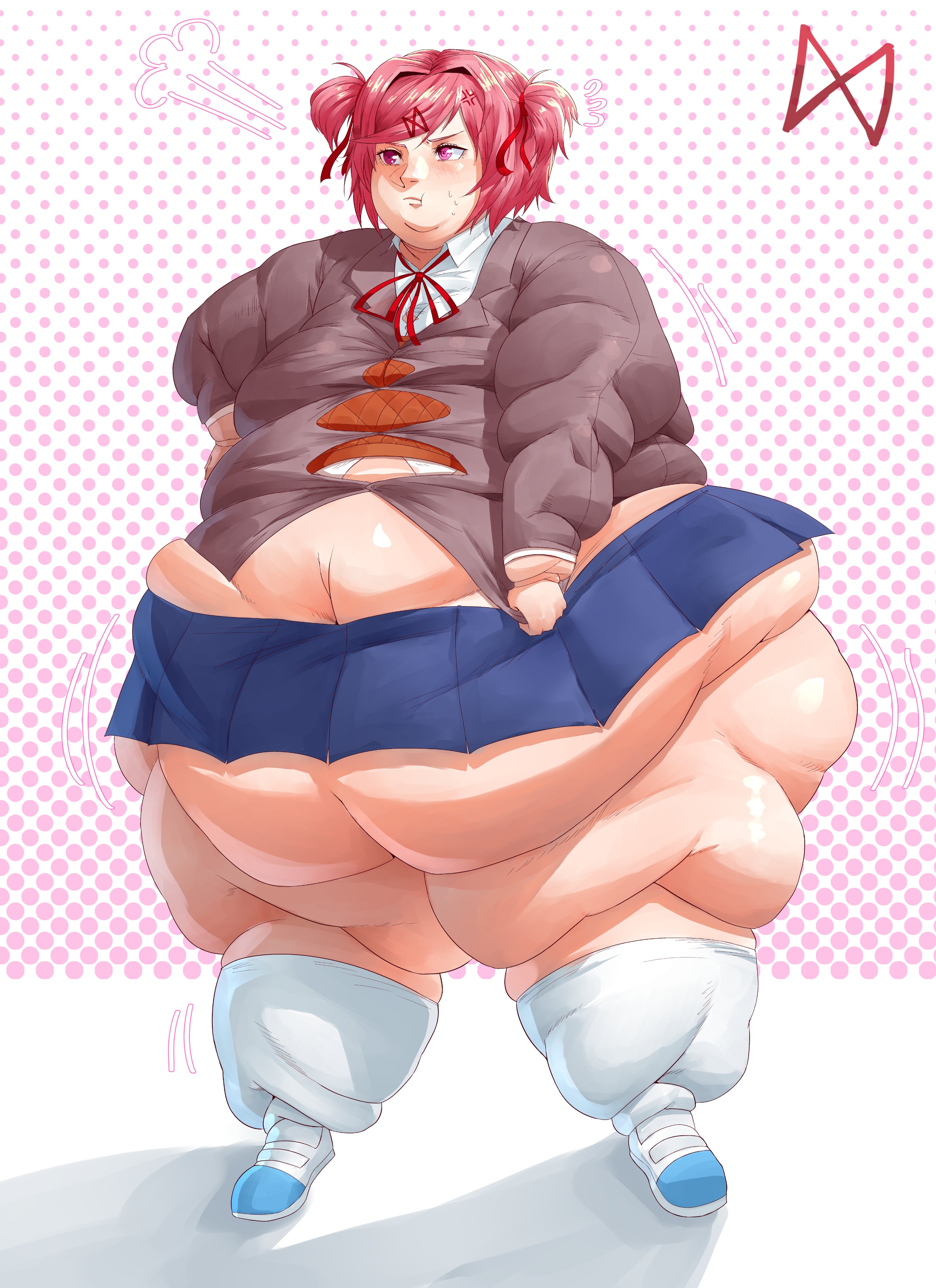 1girls, bbw, belly, doki doki literature club, fat, fat female, fat fetish, fat thighs, female, natsuki (doki doki literature club), overweight, overweight female, pink hair, pivk00, skirt
