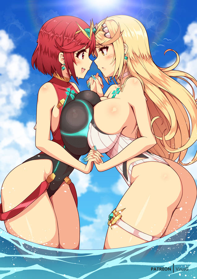 2girls ass black_one-piece_swimsuit black_swimsuit blonde_hair breasts choker clouds competition_swimsuit core_crystal earrings holding_hands in_water large_breasts long_hair mythra nintendo ocean one-piece_swimsuit outside painted_fingernails pyra red_eyes red_hair short_hair sky swimsuit thigh_strap tiara virus-g water white_one-piece_swimsuit white_swimsuit xenoblade_(series) xenoblade_chronicles_2 yellow_eyes