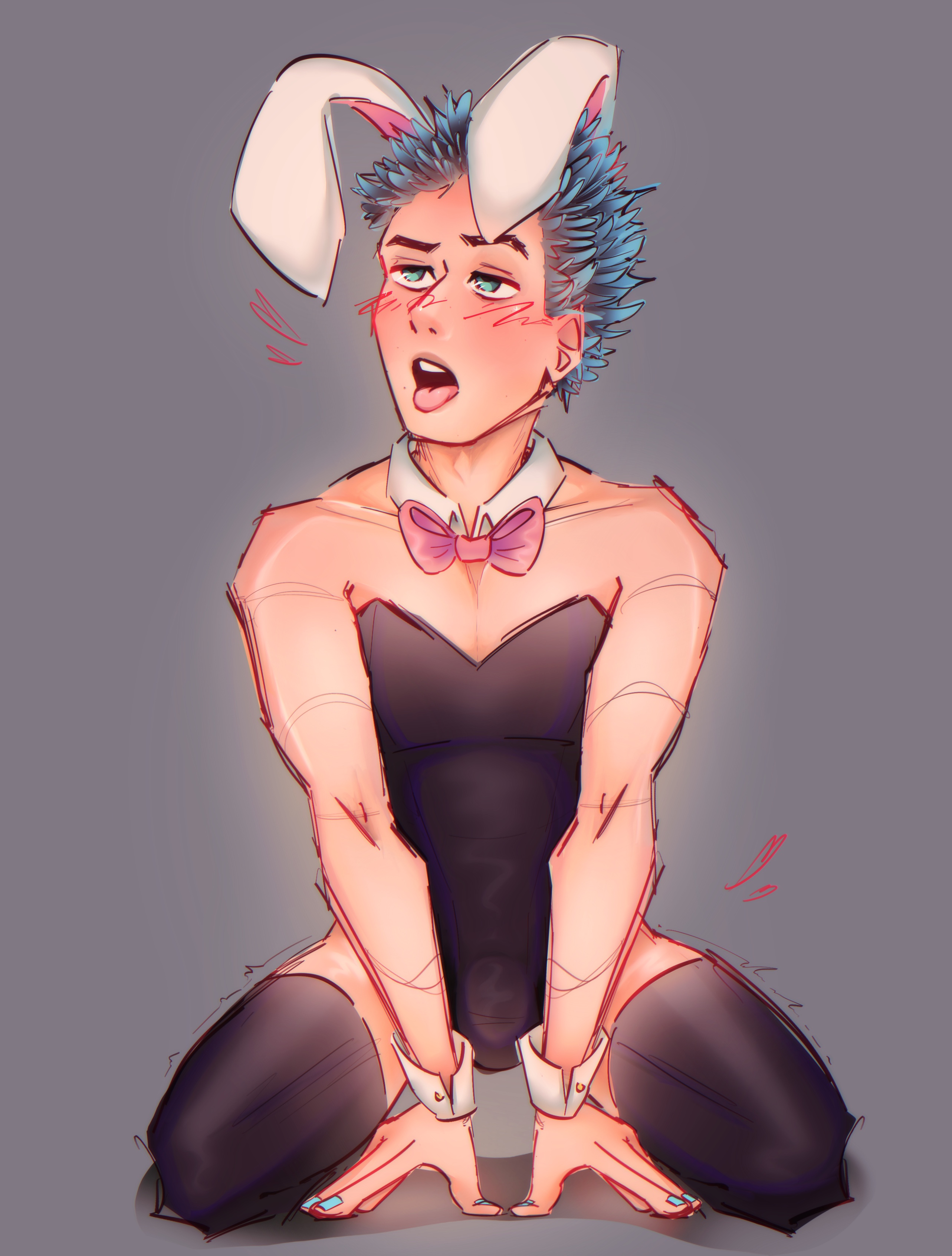 1boy, blue eyes, blue hair, blush, blush lines, bunny ears, bunnysuit, date everything, heart symbol, hundred gar, jean-loo pissoir (date everything), legs apart, light skin, looking up, male, open mouth, painted nails, shiny skin, sitting on floor, solo male, thigh highs, thighhighs, tongue, tongue out