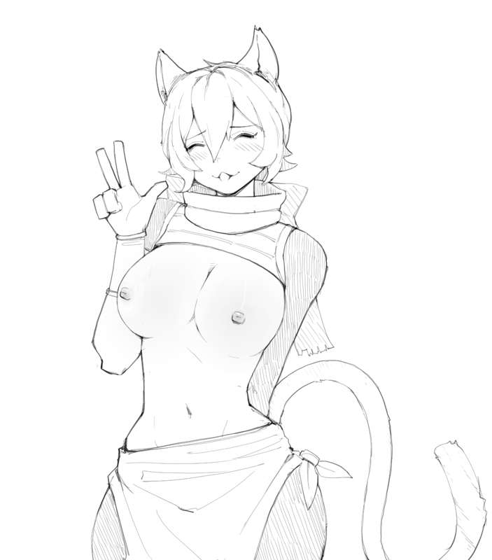 blush, bread-and-butter, breasts, cat ears, cat girl, cat tail, catgirl, dungeon meshi, female, flashing breasts, half naked, izutsumi, peace sign, sketch, tits out, tounge out