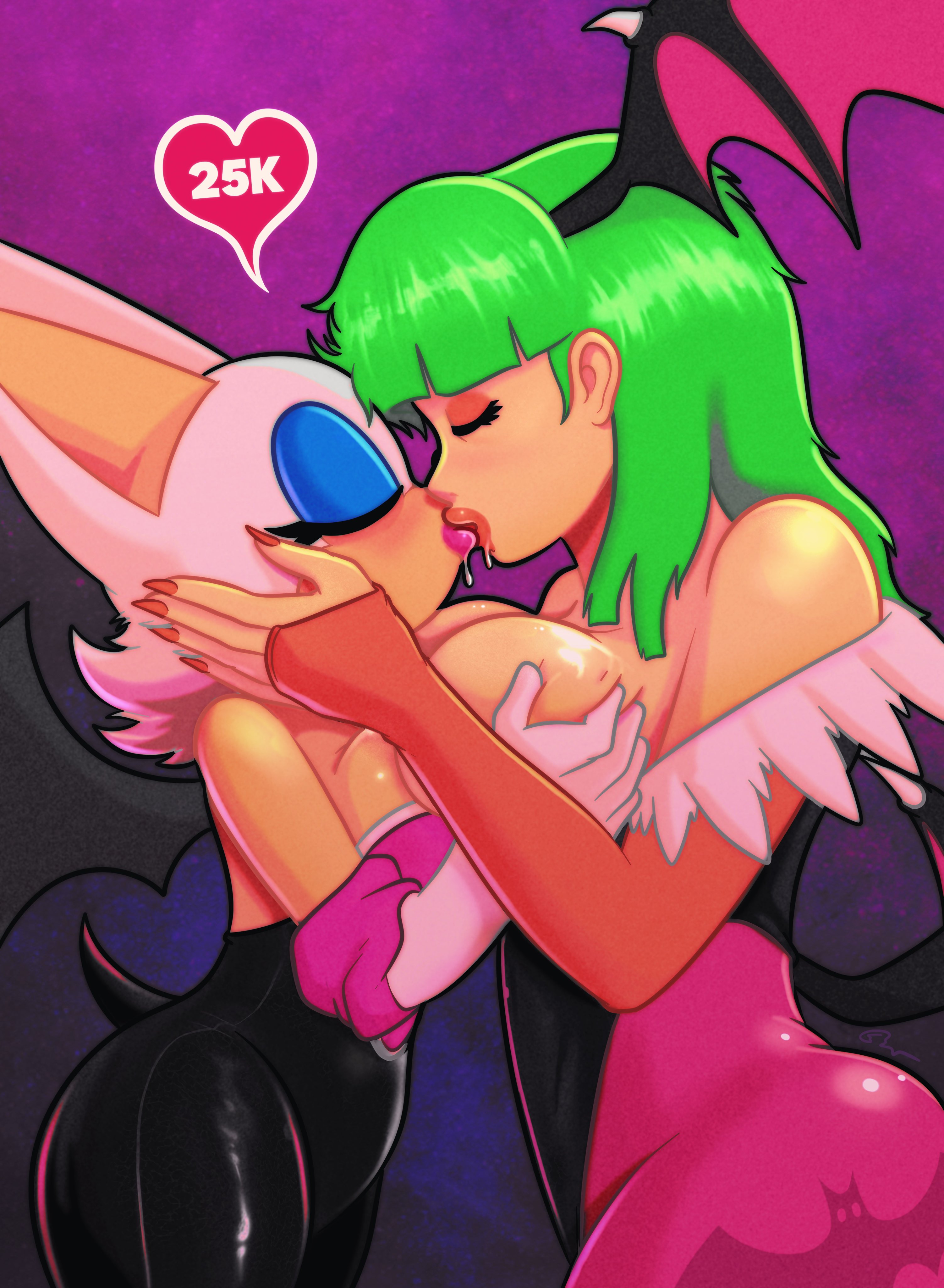 2girls, bat wings, big breasts, breasts, capcom, crossover, darkstalkers, female, grabbing another's breast, green hair, holding head, huge breasts, kissing, light skin, light-skinned female, lipstick, morrigan aensland, roboticsteve, rouge the bat, sonic (series), sonic the hedgehog (series), wet kiss, white fur, yuri