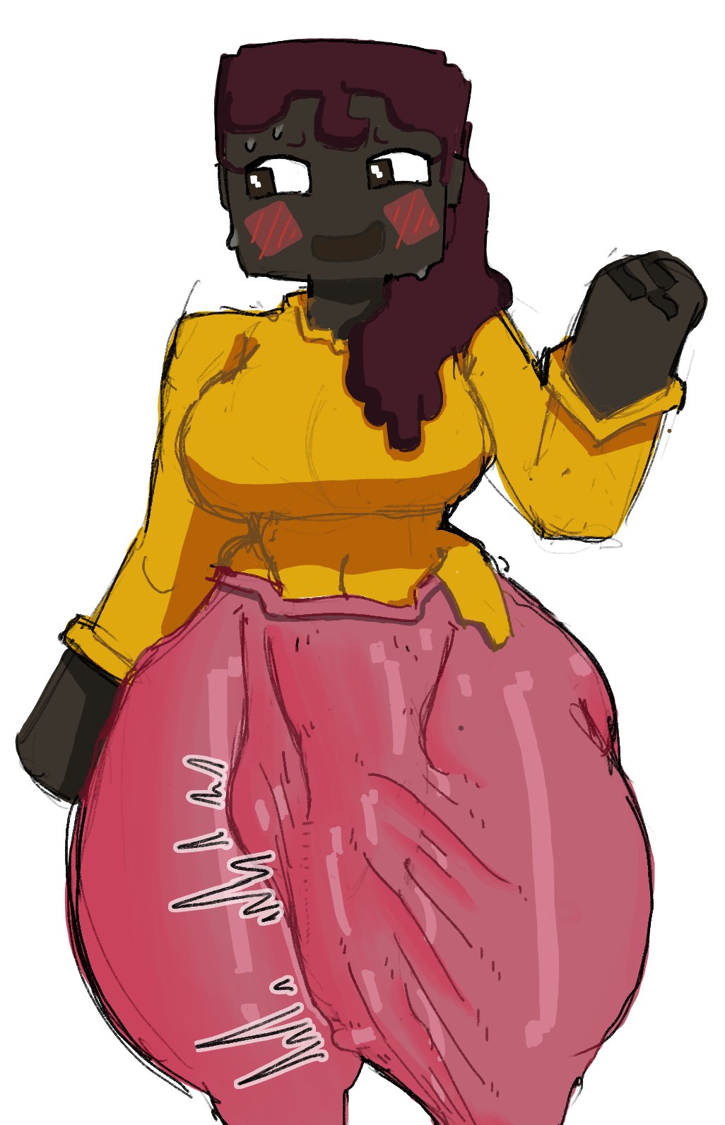 1futa, anthro, balls, big balls, blocky, blocky anatomy, blocky arms, blocky body, blush, breasts, bulge, bulge down leg, bulge through clothing, bulging penis, checkerd, clothed, clothing, dark skin, dark-skinned futa, fully clothed, futa only, futanari, huge cock, human, intersex, large boobs, large penis, looking away from viewer, makena (minecraft), minecraft, penis, penis in pants, penis under clothes, solo, sweater, thick, thick thighs