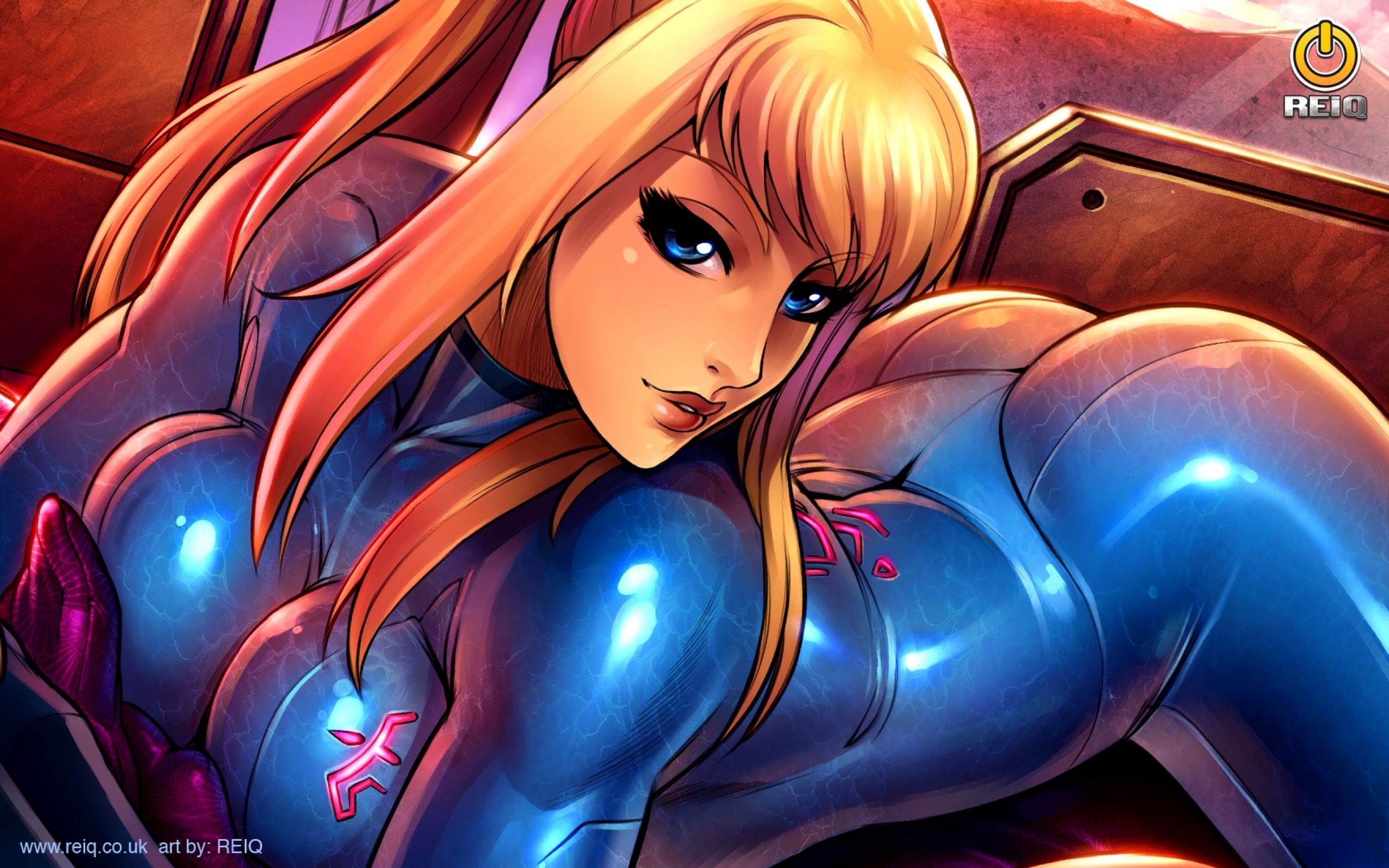 ass, blonde hair, blue eyes, bodysuit, breasts, color, female, female only, hair, human, light skin, metroid, nintendo, reiq, samus aran, shiny clothes, solo, text, tight clothing, watermark, zero suit, zero suit samus