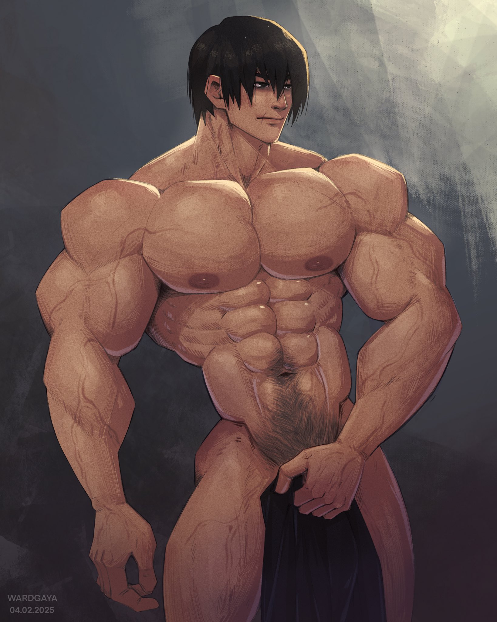 1boy, abs, artist name, bara, black hair, covering crotch, dated, jujutsu kaisen, male, male focus, male only, muscular, muscular arms, muscular chest, muscular male, navel, nipples, pecs, pectorals, solo, solo male, text, thighs, toji fushiguro, vein, veiny arms, wardgaya, yaoi