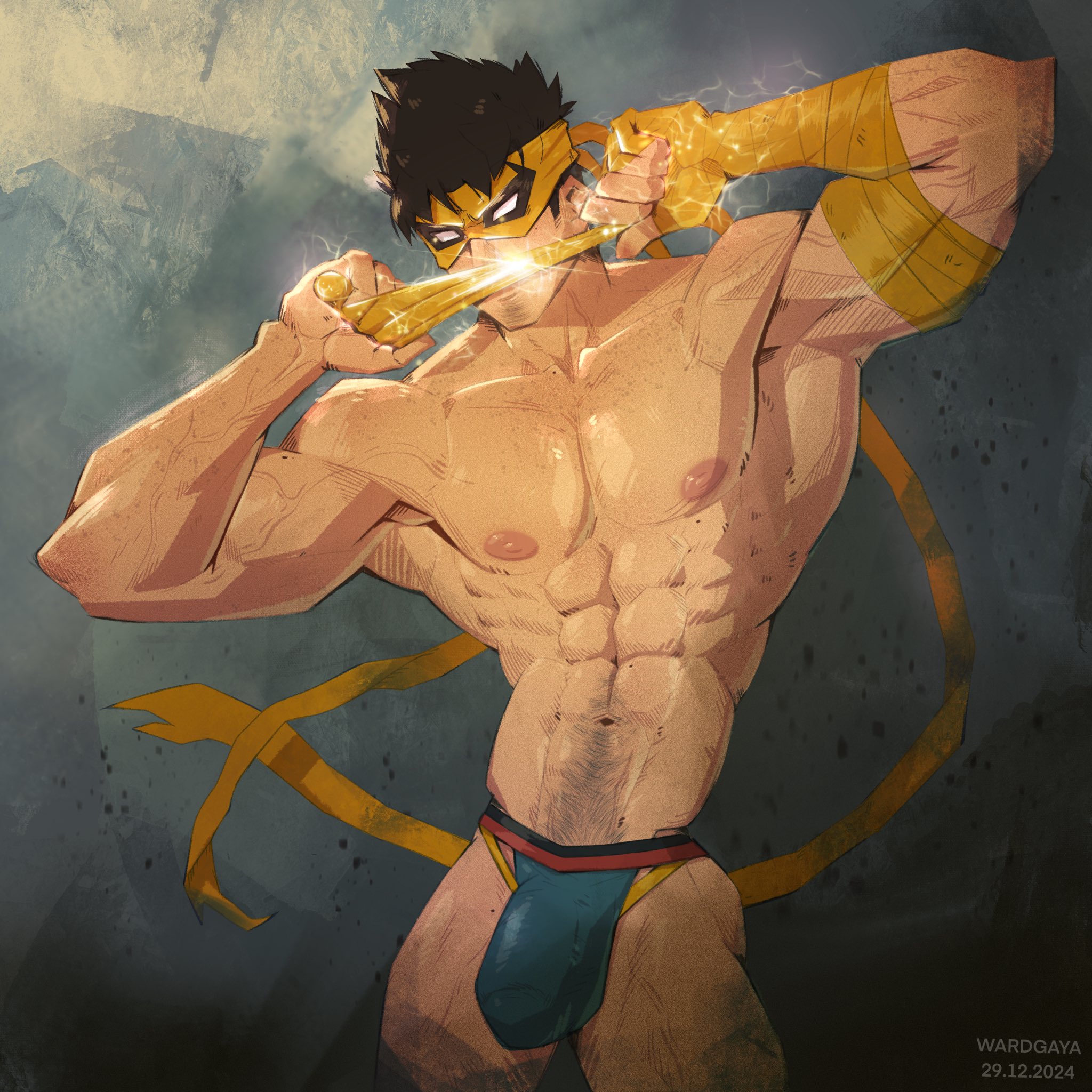 1boy, abs, artist name, bara, bulge, dated, iron fist, iron fist (marvel rivals), lin lie, male, male focus, male only, marvel, marvel comics, marvel rivals, muscular, muscular arms, muscular chest, muscular male, nipples, pecs, pectorals, solo, solo male, text, thighs, wardgaya, yaoi