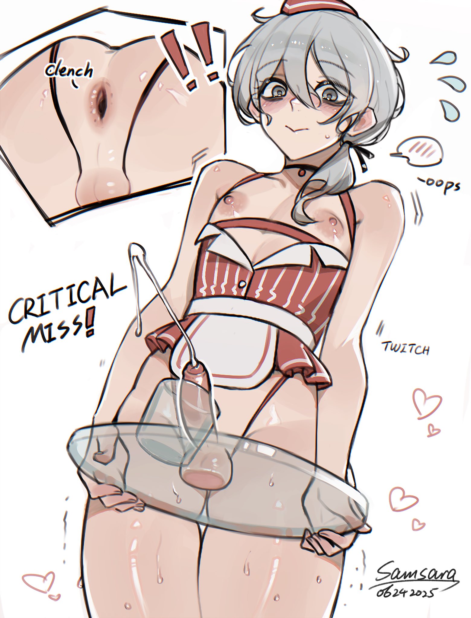 1boy, anus, apron, ass, asshole, blush, cum, cum string, cumming, cumshot, femboy, girly, grey hair, looking at viewer, male, pov, pov eye contact, samsara, samsara (shuukeura), solo, solo male, stretched anus, trap, waiter