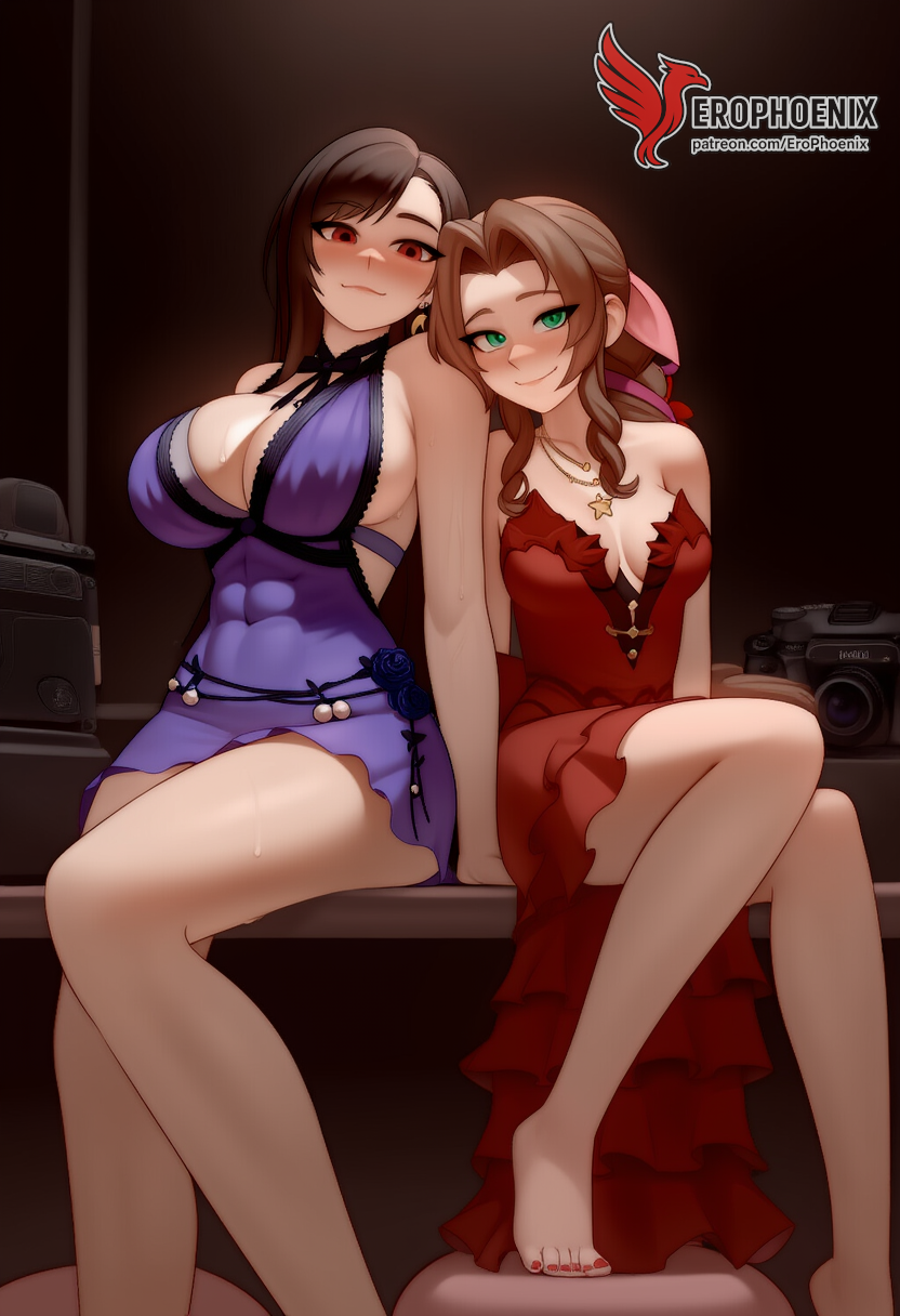 2d 2girls aerith_gainsborough ai_generated ass barefoot big_ass big_breasts blush bra couch dress erophoenix feet female female_focus final_fantasy final_fantasy_vii final_fantasy_vii_rebirth final_fantasy_vii_remake indoors jewelry large_breasts long_hair multiple_girls naked navel panties patreon_username purple_bra purple_panties red_bra red_eyes red_panties sitting small_breasts smile soles sweat sweating thick_thighs thighs tifa_lockhart underwear yuri yuri