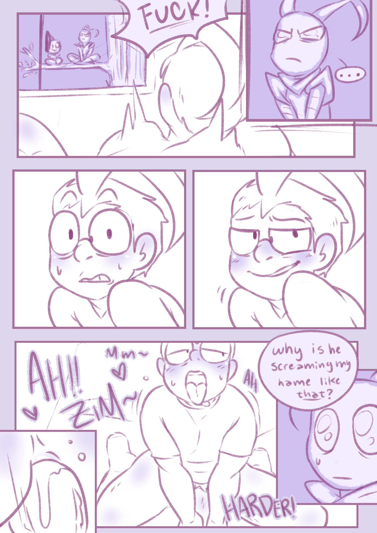 aipeco18, comic, crossed legs, dialogue, dib membrane, dildo, dildo in ass, gir (invader zim), invader zim, masturbation, moaning, moaning name, page 2, sex toy, surprised, watching from afar, watching masturbation, zim