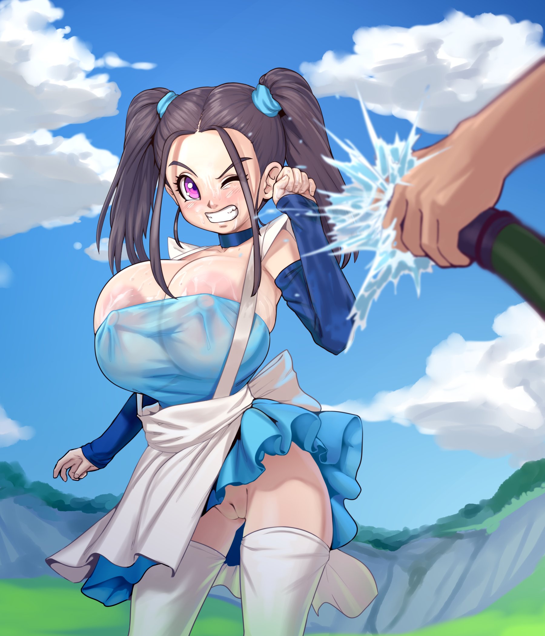1girls, areola slip, blue dragon, blue dragon (series), bouquet (blue dragon), breasts, busty, cleavage, dress, female, highres, huge breasts, nipples, no bra, no panties, plantpenetrator, pussy, tied hair, twintails, voluptuous, wet, wet body