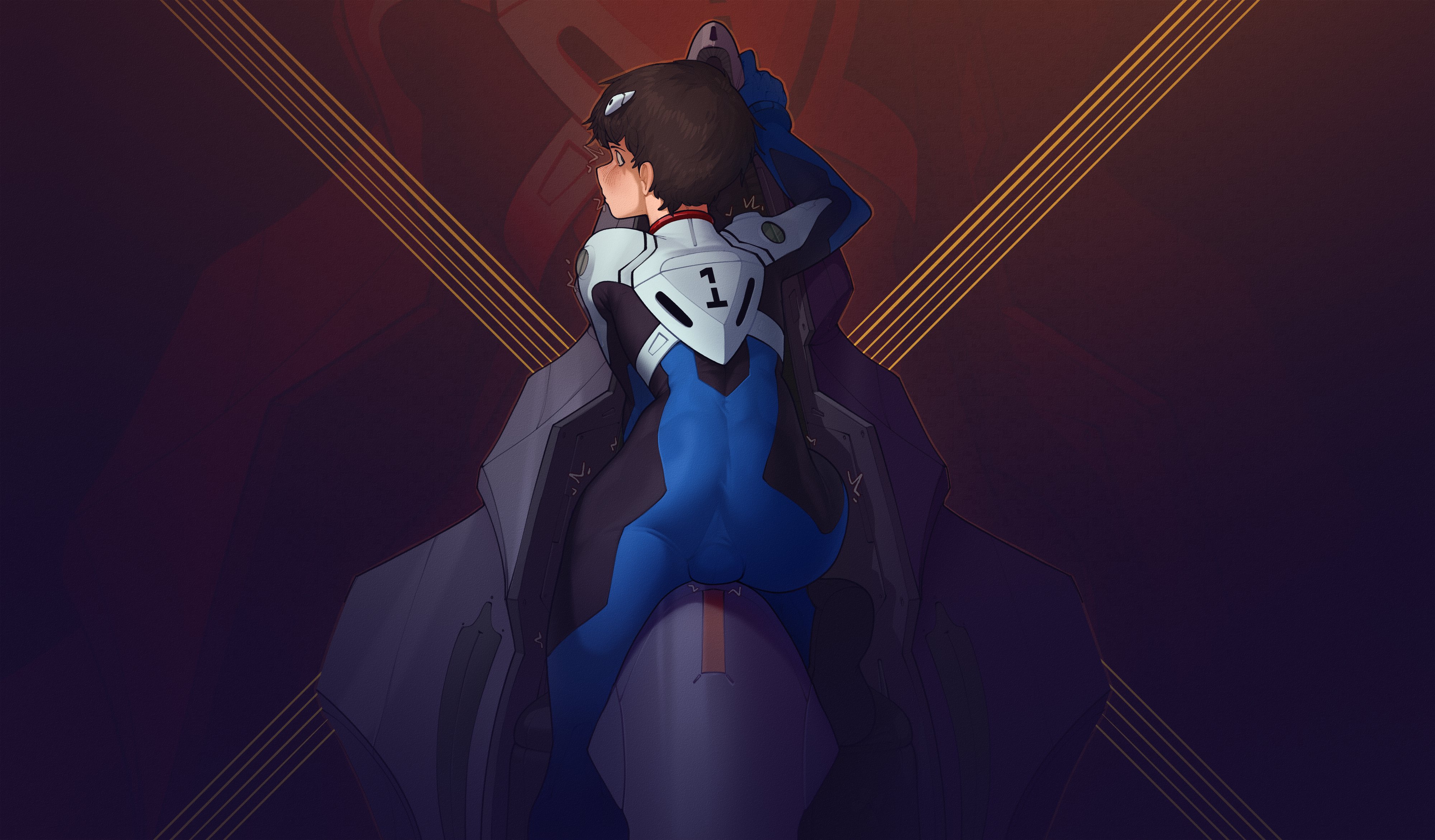 1boy, 2025, 2025s, 2d, 2d (artwork), 2d artwork, art, ass, backsack, balls, ballsack, big ass, blush, bulge, bulge through clothing, digital art, digital media, digital media (artwork), femboy, from behind, jpeg, jpg, looking at viewer, looking back, male, male focus, male only, mr fuga, neon genesis evangelion, plugsuit, rear view, shinji ikari, solo, tagme, wallpaper