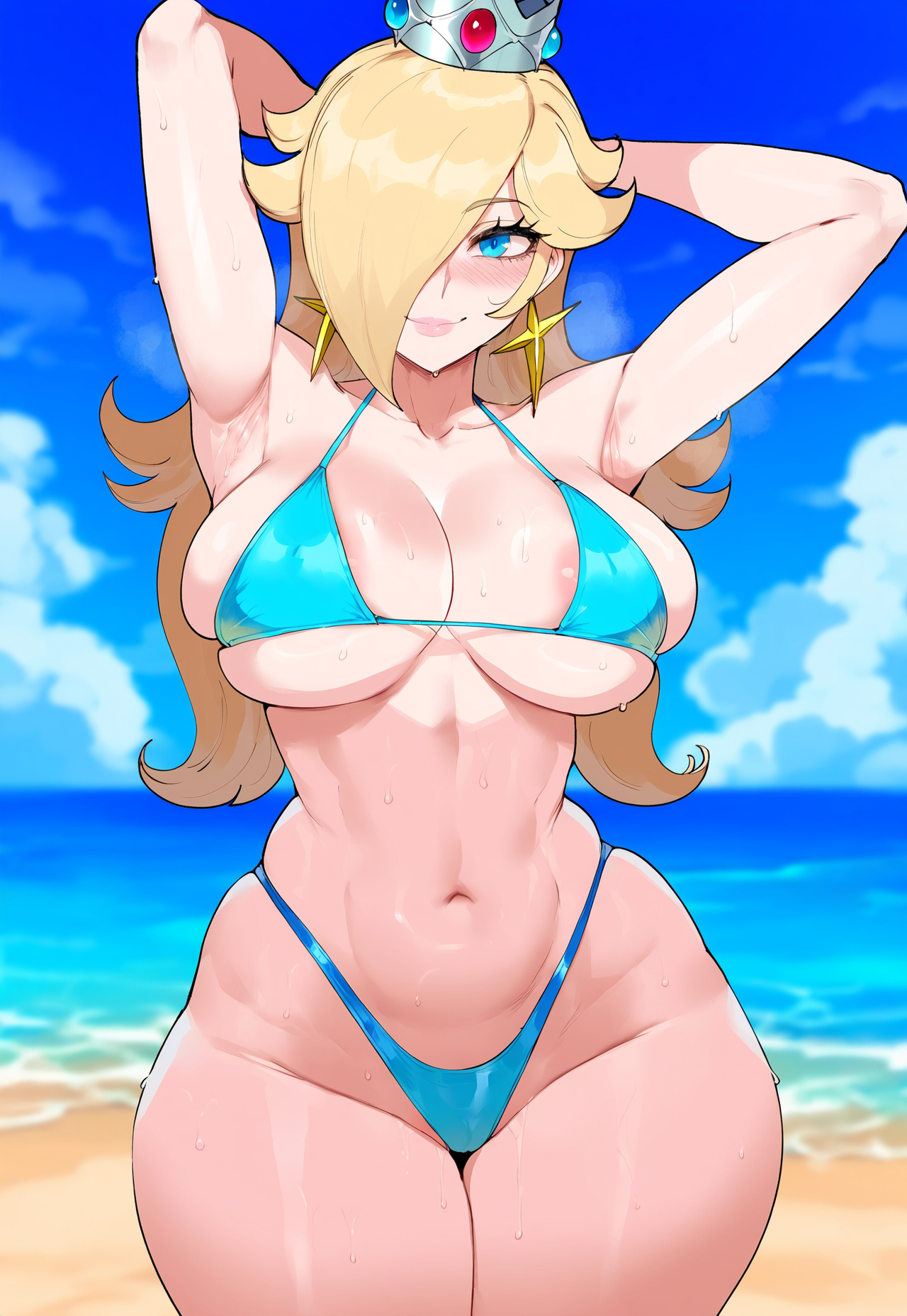 1girls, ai generated, ass, big breasts, bikini, bimbo, blonde hair, blue eyes, breasts, female, female focus, hair over one eye, hips, huge ass, huge breasts, juuicyai, large breasts, light skin, light-skinned female, mario (series), mature female, milf, navel, princess rosalina, thick thighs, thighs, wide hips
