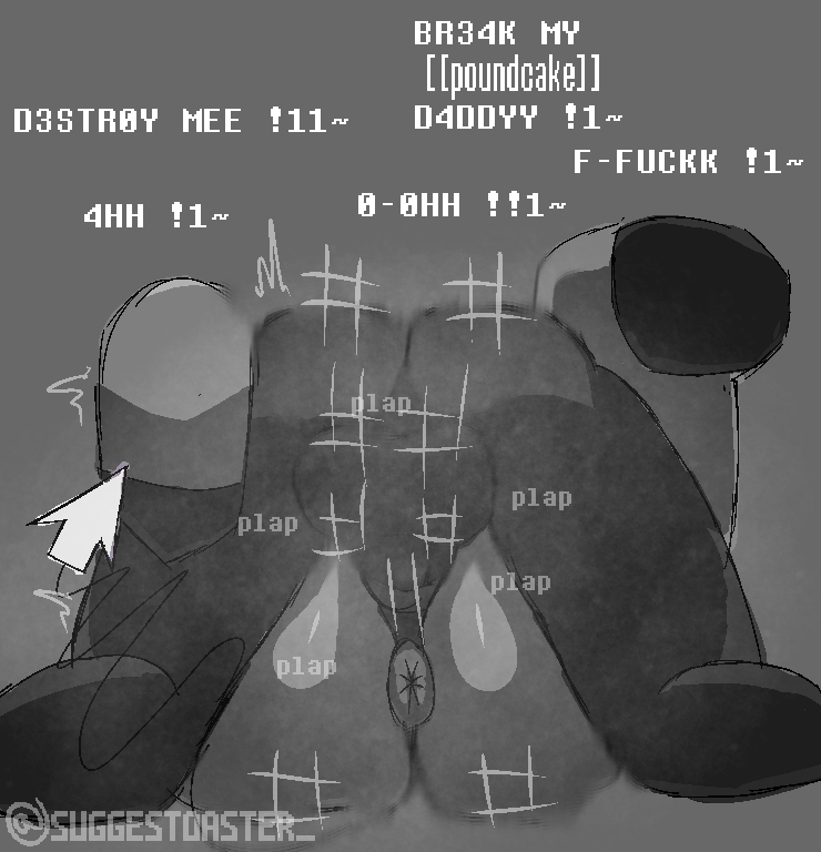 1boy, 1girls, anon, ass, cursor, donut anus, female, grey body, huge ass, male, mating press, monochrome, motion lines, musk, pussy, reese (suggestoaster ), socks, straight, suggestoaster , tail, text, vaginal penetration