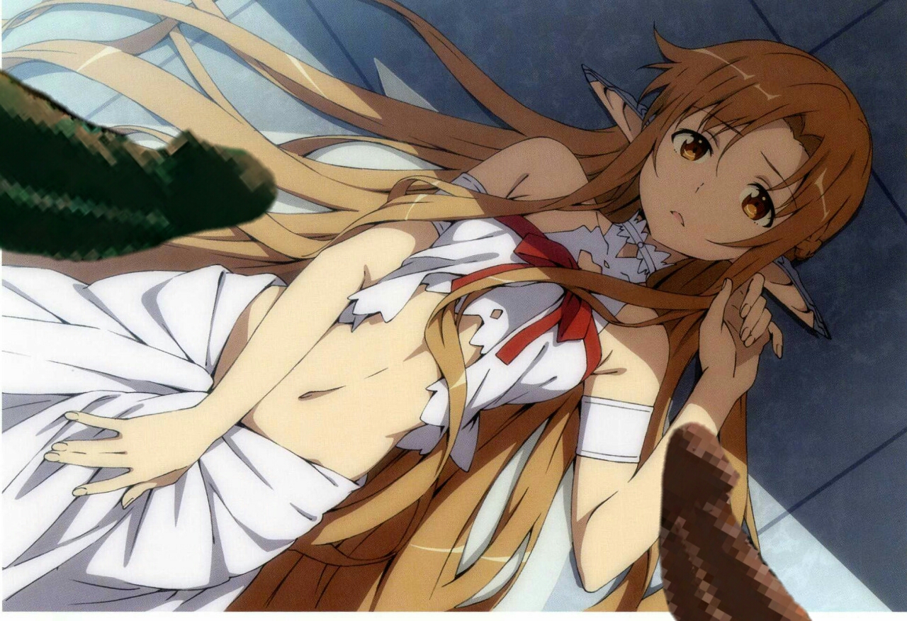 alfheim online, censored, female, forced, green skin, hands, huge cock, legs, long hair, male, monster, penis, red skin, sword art online, titania (sao), yuuki asuna