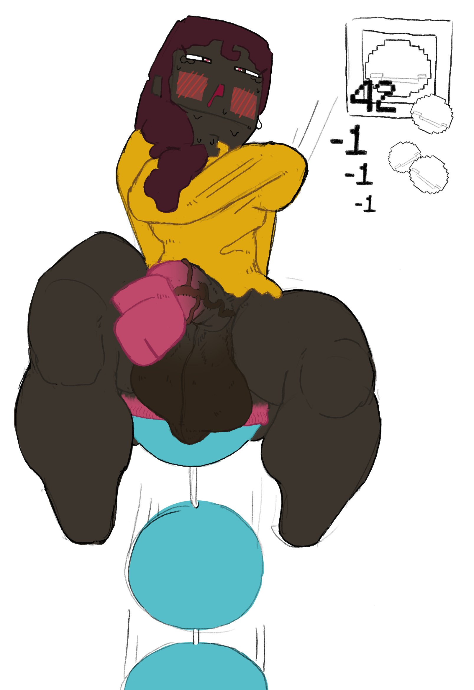 1futa, anal, anal beads, anal insertion, anal object insertion, ass, balls, beads, big balls, big penis, blocky, blocky anatomy, blocky arms, blocky body, blush, bottomless, breasts, checkerd, clothed, clothing, dark skin, dark-skinned futa, female, futa only, futanari, gameplay mechanics, huge anal beads, human, impossible fit, infinite anal beads, intersex, item, large penis, long hair, long-haired female, makena (minecraft), minecraft, partially clothed, penis, pulling anal beads, solo, struggling, sweater, thick, thick thighs