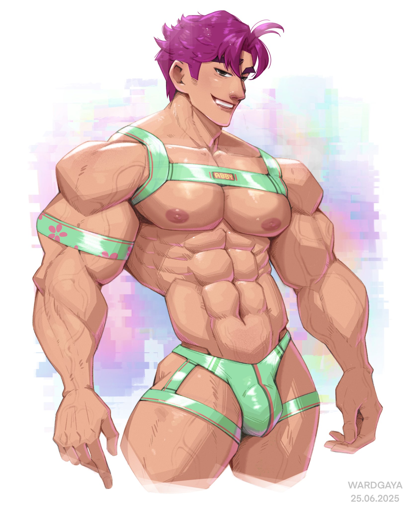 1boy, abby (kpop demon hunters), abs, artist name, bara, biceps, bulge, chest harness, dated, jockstrap, kpop demon hunters, male, male focus, male only, muscular, muscular arms, muscular chest, muscular male, netflix, nipples, pecs, pectorals, pink hair, saja boys, solo, solo male, thighs, wardgaya, yaoi