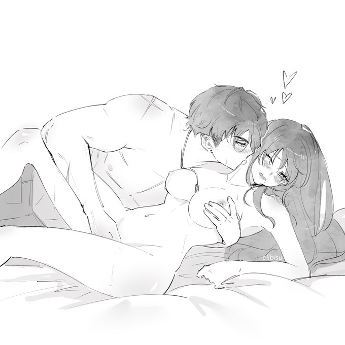 1boy, 1girls, bangs, biting neck, blush, blush lines, breasts, brown hair, caleb (love and deep space), dog tag, earring, ellbisu, female, holding breast, long hair, love and deep space, male, nude, nude female, on bed, protagonist (love and deep space), pussy, scars, straight hair, tearing up, touching pussy