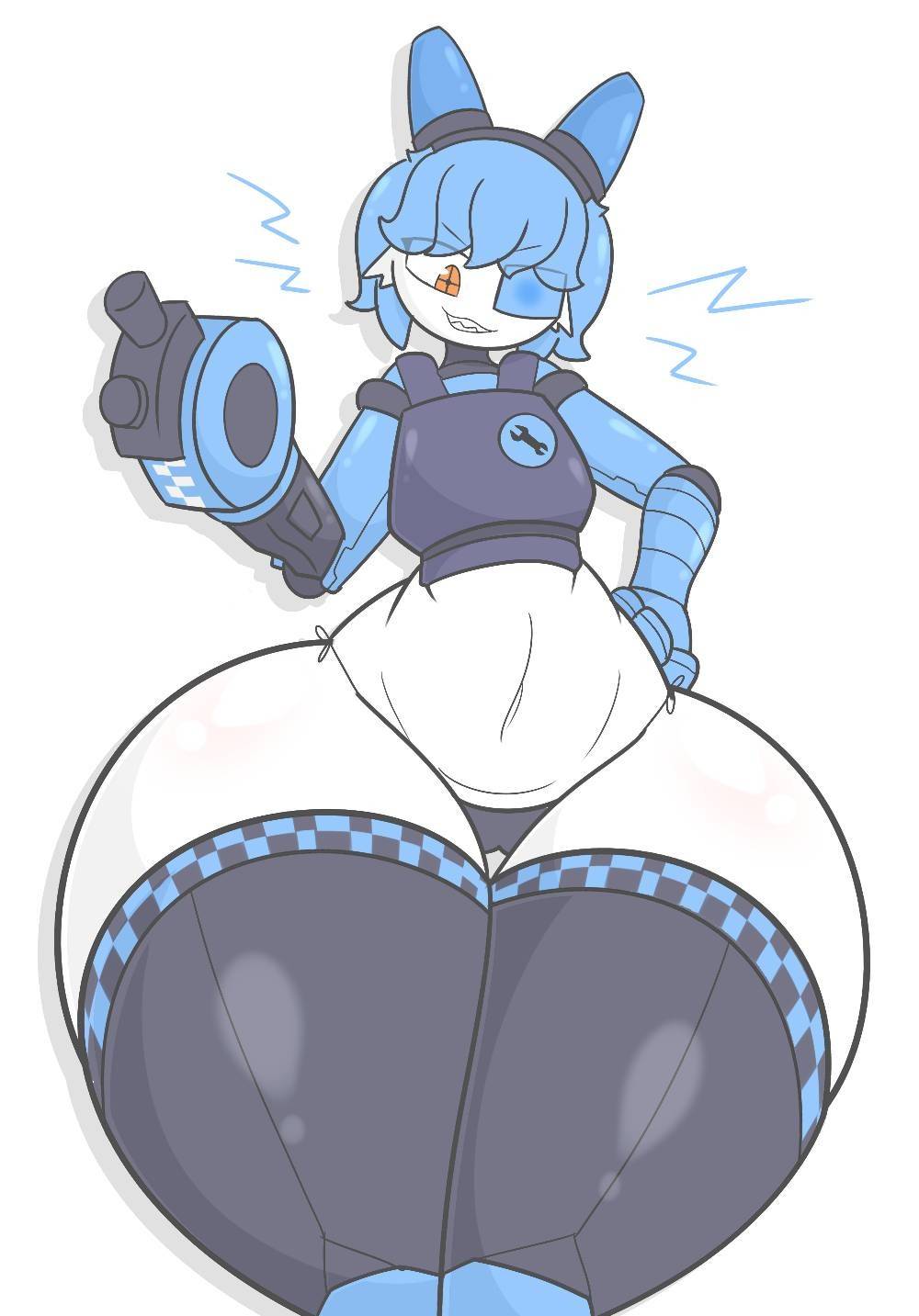 1girls, belly, bikini bottom, curvy, female, hyper, ihouresg, mimi sentry, revealing clothes, sharp teeth, smirk, solo, tagme, team fortress 2, thick thighs, voluptuous, white background, wide hips, zaclyn