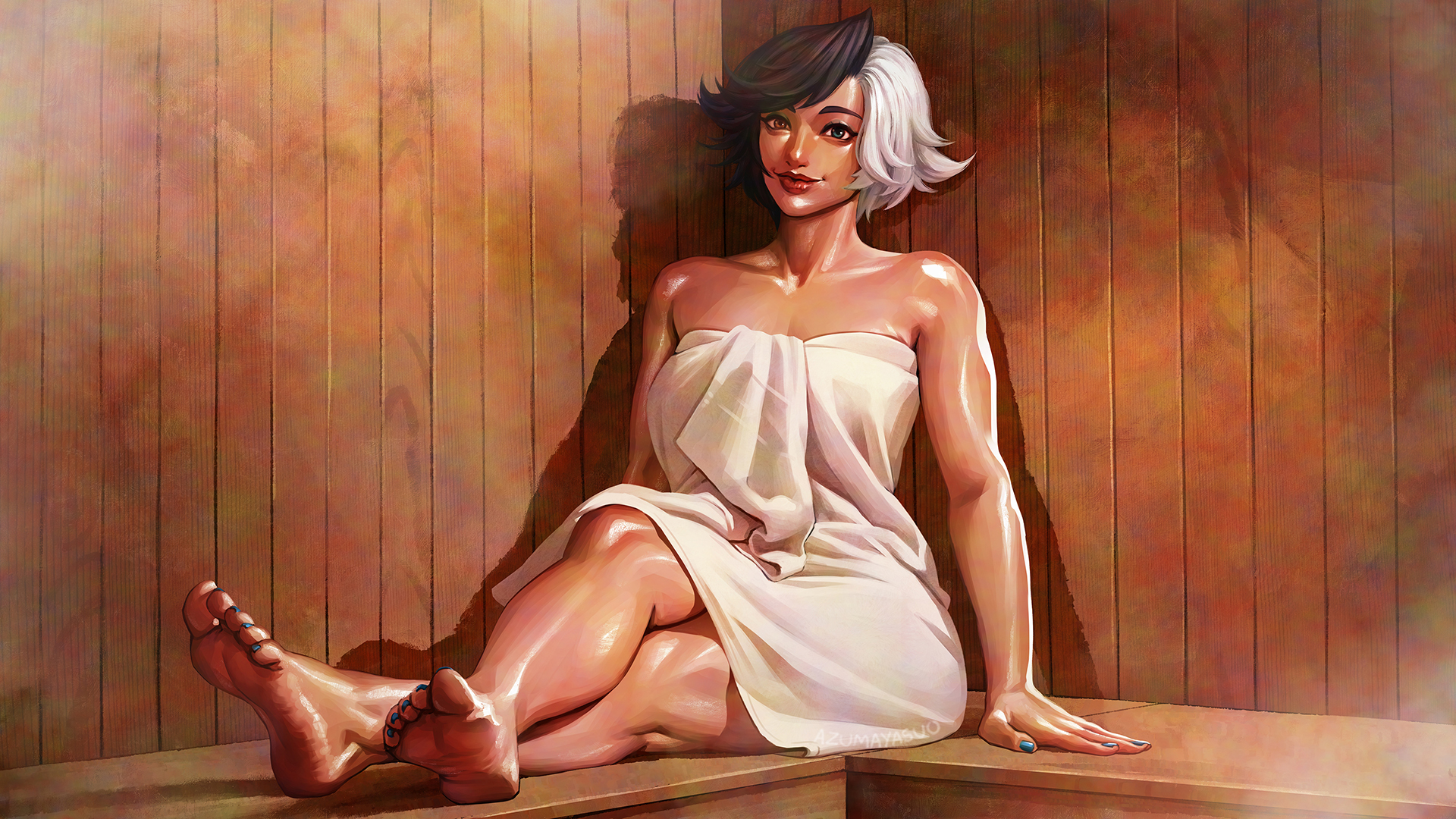 1girls, azuma yasuo, azumaarts, barefoot, black hair, feet, feet focus, female, foot fetish, heterochromia, legs, light skin, light-skinned female, luna snow, luna snow (marvel rivals), marvel, marvel comics, marvel rivals, sauna, seol hee, sweating, tagme, towel, towel wrap, white hair