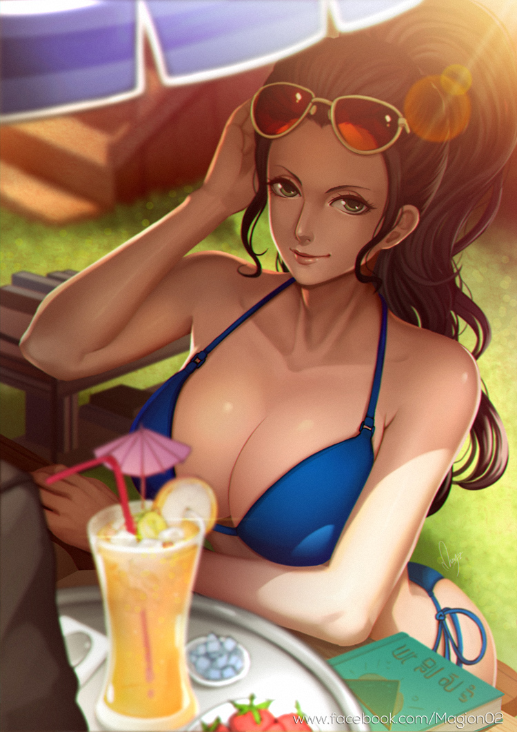1girls, barely contained breasts, barely fits, bendy straw, bikini, bikini top, black hair, black-haired female, blue bikini, blurry, book, breasts, breasts too big, bursting breasts, cleavage, closed mouth, depth of field, dressrosa, drink, drinking straw, elbow rest, female, female only, food, fruit, glass, glasses, green eyes, hand on head, human, imminent wardrobe malfunction, large breasts, lens flare, lips, lipstick, long hair, looking at viewer, magion02, makeup, nico robin, one piece, orange juice, outdoors, ponytail, side-tie bikini, sitting, smile, solo, strawberry, string bikini, sunglasses, sunglasses on head, sunlight, swimsuit, table, text, tied hair, tight bikini, tight swimsuit, tight swimwear, tray, triangle, umbrella, undersized clothes, undersized clothing, watermark, web address