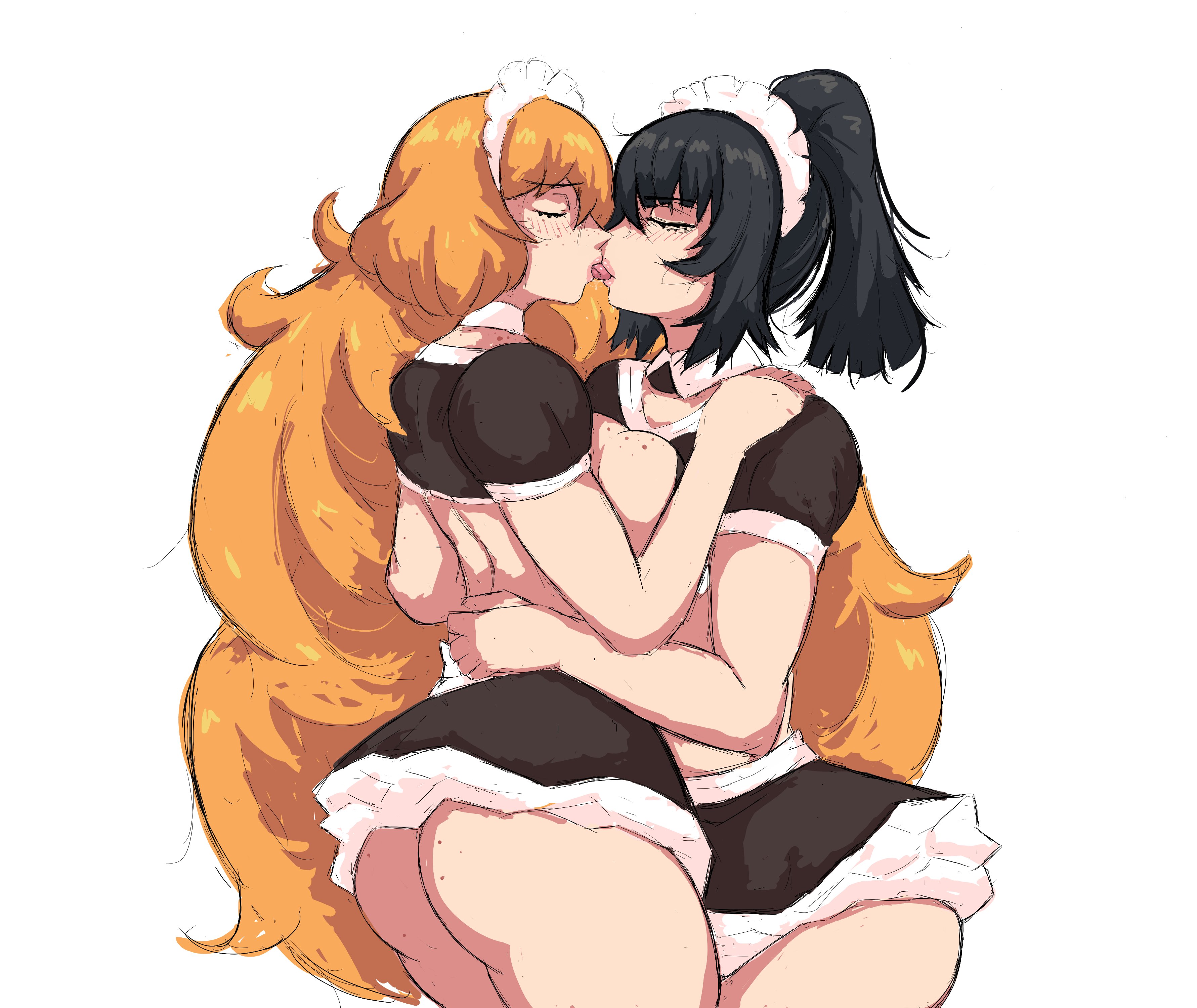 2girls, black hair, female, girls kissing, ishmael (limbus company), limbus company, littleteze, maid, orange hair, project moon, ryoshu (limbus company), yuri