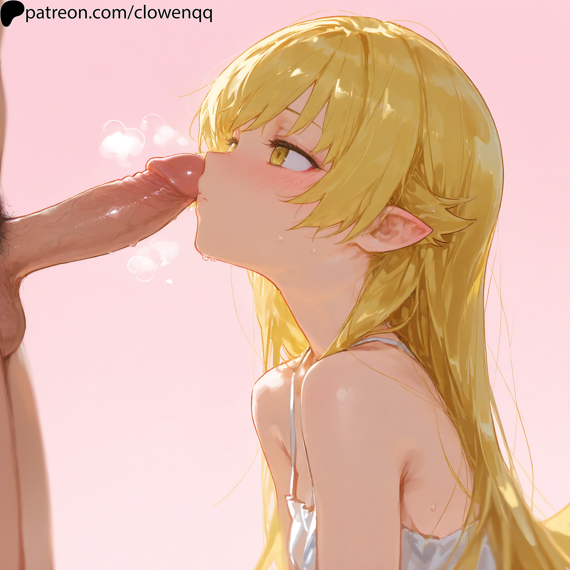 1boy, 1girls, ai generated, blonde hair, blush, closed mouth, clowenqq, female, female focus, from side, imminent fellatio, imminent oral, long hair, male, male/female, monogatari (series), oshino shinobu, penis, penis on face, stable diffusion, uncensored, upper body, yellow eyes