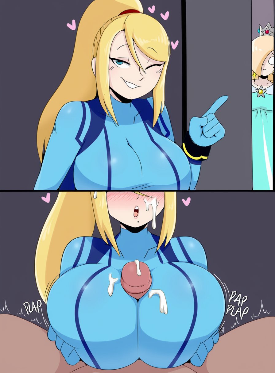 1futa, 2girls, ai generated, blue archive, bodysuit, breasts, cum, dark skin, dark skinned futa, dark-skinned futa, female, futa on female, futa pov, futanari, interracial, intersex, karin (blue archive), light skin, light-skinned female, lovelyzen, mario (series), metroid, multiple females, multiple girls, paizuri, paizuri over clothes, peeping, princess rosalina, samus aran, super mario galaxy, zero suit