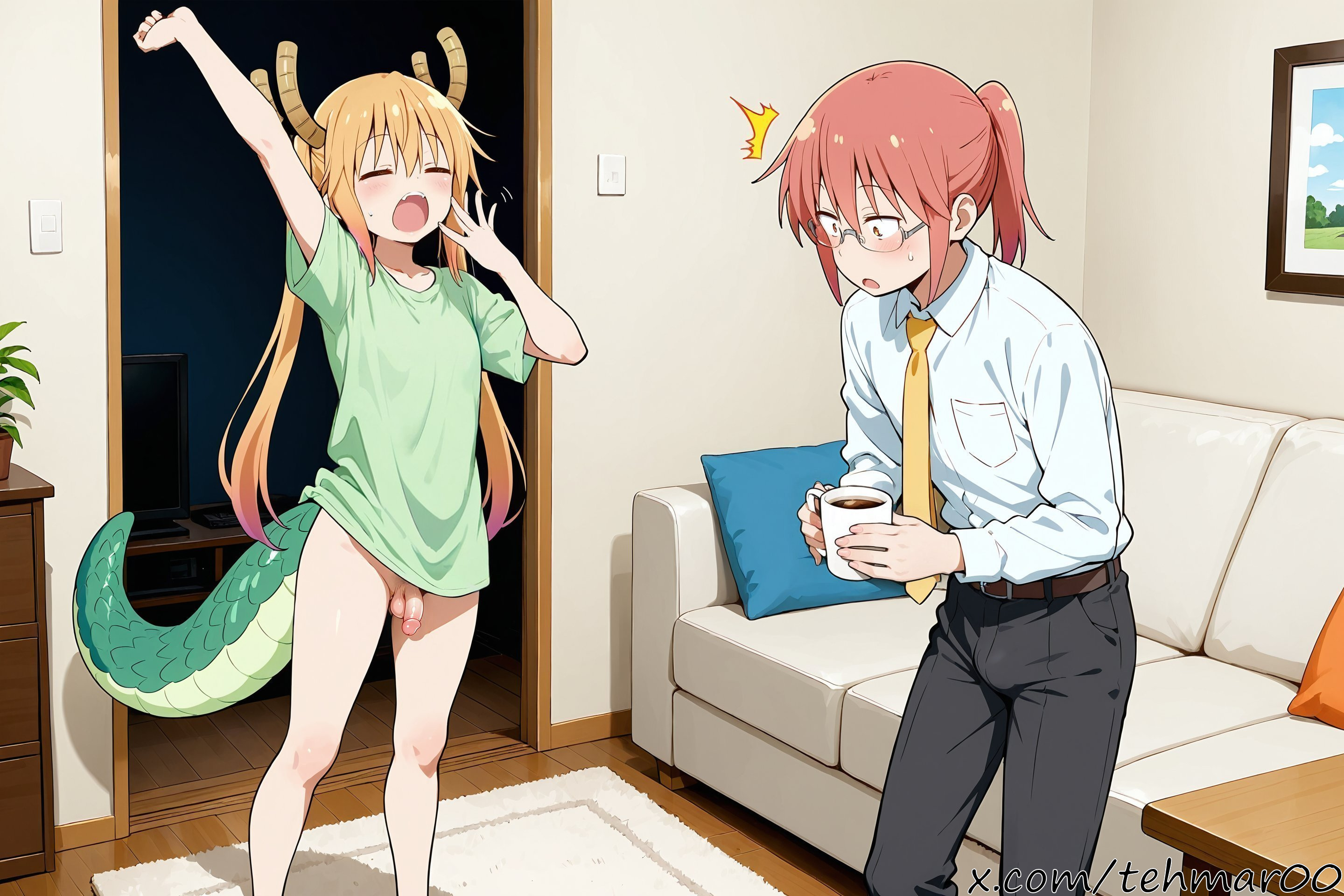2boys, ai generated, arm up, blonde hair, blush, bottomless, closed eyes, collared shirt, couch, cup, door, dragon horns, dragon tail, femboy, genderswap (ftm), glasses, holding, horns, indoors, kobayashi, long hair, male, male only, miss kobayashi's dragon maid, mug, necktie, open mouth, pants, penis, pillow, plant, ponytail, red hair, rule 63, shirt, short sleeves, standing, tagme, tail, tehmar, tohru (dragon maid), trans woman, transfem, trap, twintails, walk-in, white shirt, yawning, yellow necktie