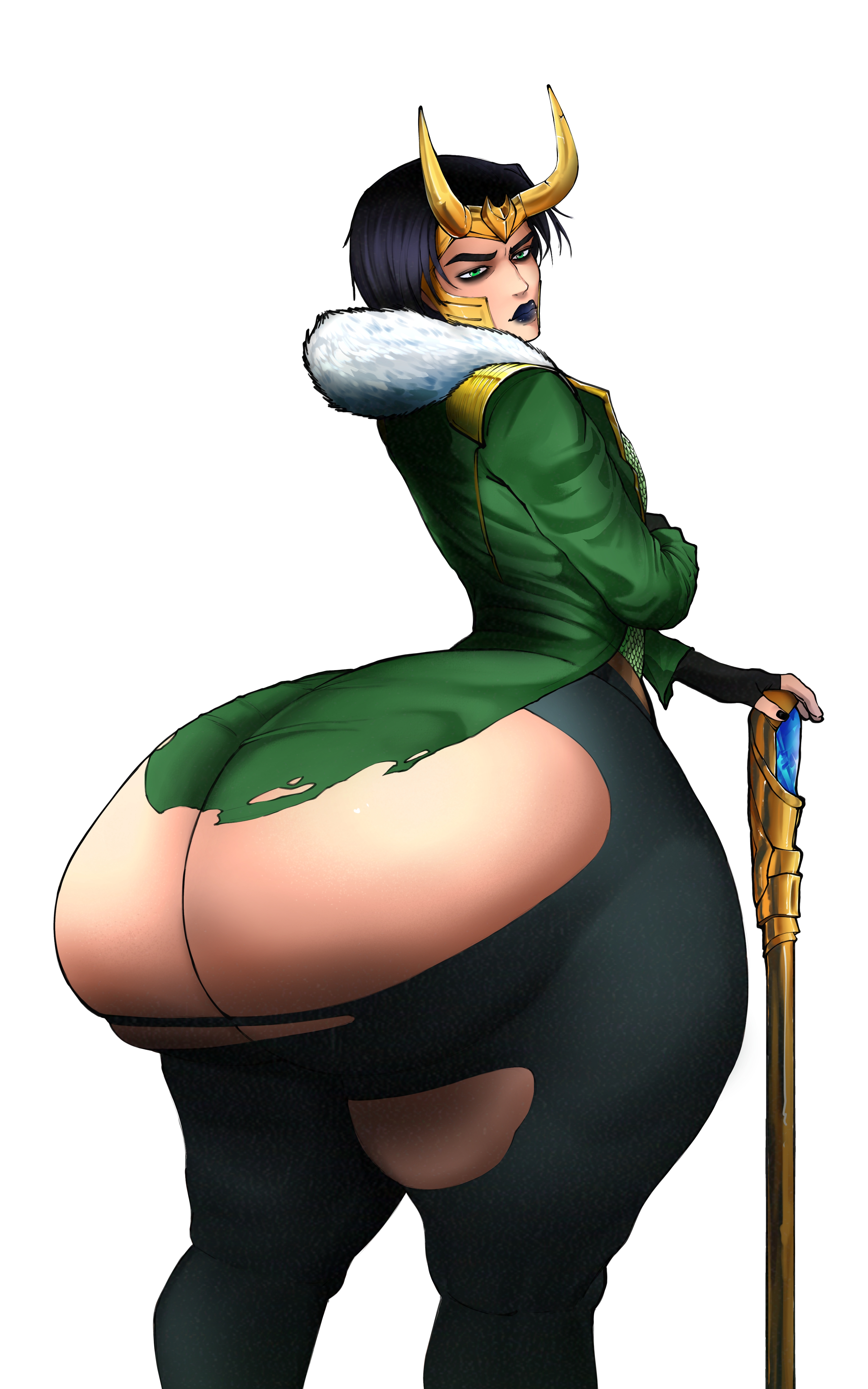 1boy, ass, ass bigger than head, ass bigger than torso, ass body, big ass, black hair, black lipstick, bottom heavy, bubble ass, bubble butt, clothing, fat ass, femboy, green eyes, huge ass, hyper, hyper ass, large ass, lipstick, loki (marvel), looking at viewer, looking back, makeup, male, male only, marvel, marvel comics, massive ass, notsafe4marcus, ripped clothing, solo, staff, thick ass, thick thighs, thunder thighs, white background, wide hips