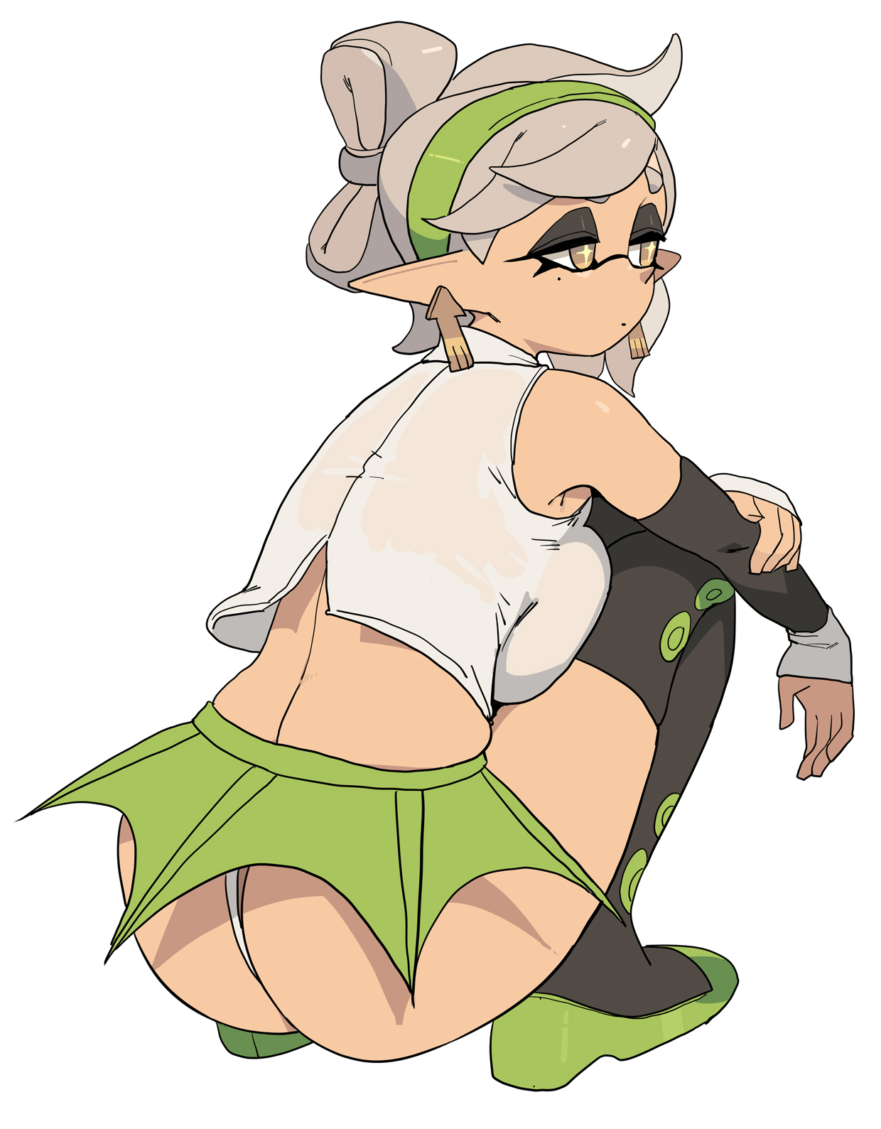 1girls, ass, ass hanging out of skirt, back, big ass, big breasts, breasts, brown eyes, domino mask, earrings, female, huge ass, huge breasts, inkling, inkling girl, large breasts, marie (beta) (splatoon), marie (splatoon), microskirt, mole (marking), mole under eye, nintendo, pointed ears, short hair, skimpy clothes, solo, splatoon, splatoon (series), squatting, squid girl, squid sisters, tentacle hair, thick thighs, thighs, thong, white hair, yuta agc
