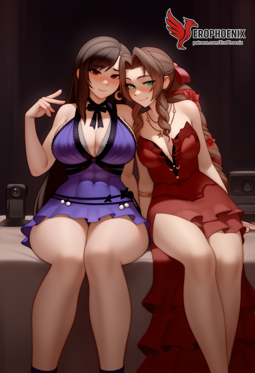 2d 2girls aerith_gainsborough ai_generated ass barefoot big_ass big_breasts blush bra couch dress erophoenix feet female female_focus final_fantasy final_fantasy_vii final_fantasy_vii_rebirth final_fantasy_vii_remake indoors jewelry large_breasts long_hair multiple_girls naked navel panties patreon_username purple_bra purple_panties red_bra red_eyes red_panties sitting small_breasts smile soles sweat sweating thick_thighs thighs tifa_lockhart underwear yuri yuri