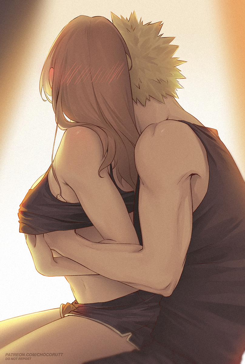 1boy, 1girls, blonde female, blonde hair, blonde male, blonde-haired female, blonde-haired male, boku no hero academia, breast grab, breasts, camie utsushimi, chocorutt, female, katsuki bakugou, looking away, male, my hero academia, shirt lift, straddling