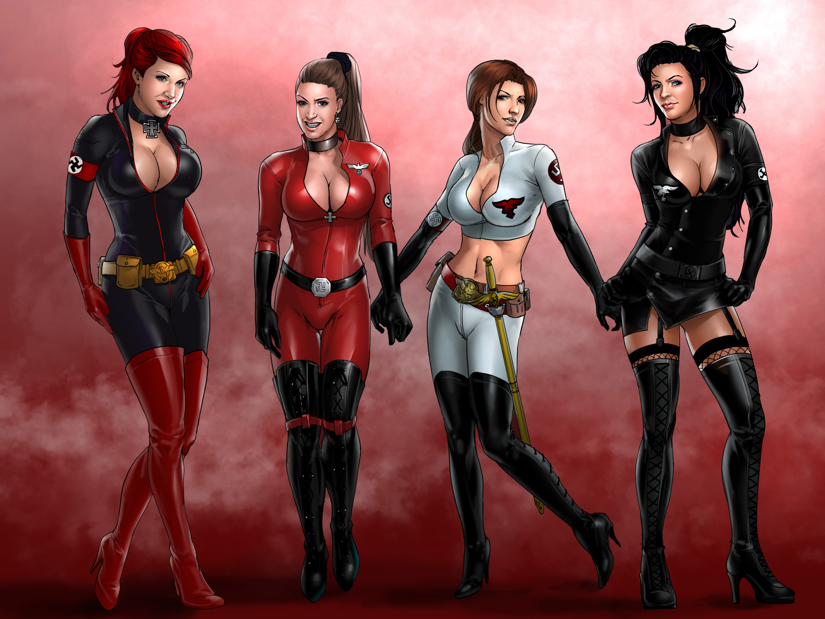 4girls, black hair, bodysuit, boots, breasts, bunir, busty, cleavage, fem ss officer, female, fishnet stockings, garter straps, gloves, high heel boots, high heels, iron cross, latex, leather, military, multiple females, multiple girls, nazi, red hair, skirt, swastika, sword, thighhigh boots, voluptuous, weapon