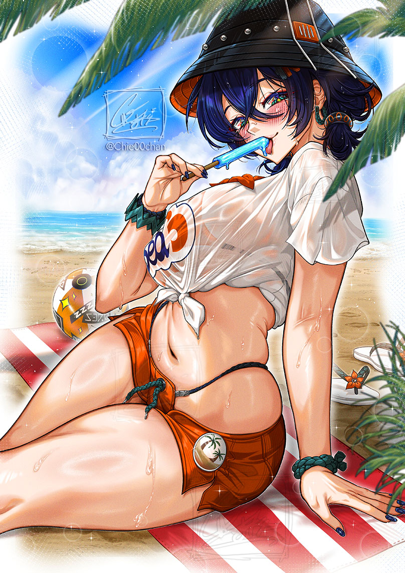 1girls, beach, belle (summer skies) (zenless zone zero), belle (zenless zone zero), breasts, bucket hat, chie00chan, female, female focus, female only, highres, large breasts, light skin, light-skinned female, looking at viewer, official alternate costume, popsicle, see-through, see-through clothing, short shorts, shorts, solo, thick thighs, thighs, wide hips, zenless zone zero