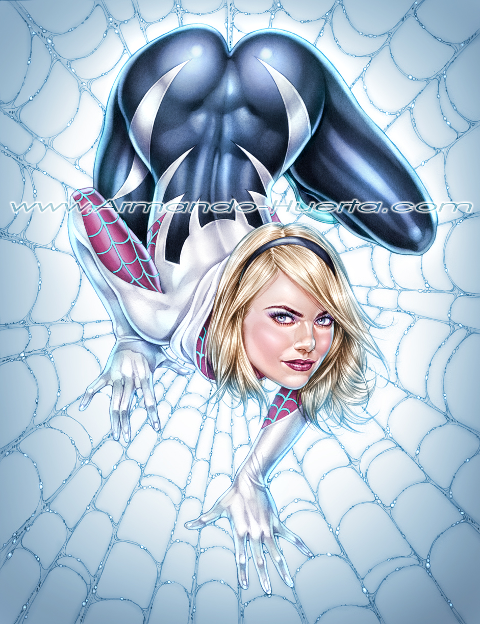 1girls actress armando_huerta ass big_ass blonde_hair blue_eyes bodysuit celebrity clothes clothing costume dat_ass emma_stone female female_only gwen_stacy hairband hood human human_only large_ass light-skinned_female light_skin looking_at_viewer marvel solo spider-gwen spider-man_(series) spider-woman_by_milo_manara spider_web the_amazing_spider-man_(film) watermark