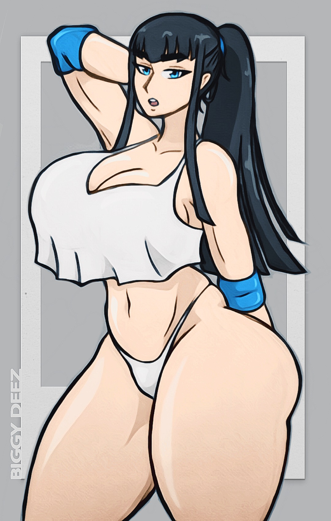 :o, 1girls, arm behind head, big breasts, biggy deez, blue eyes, breasts, busty, clothing, exposed midriff, female, female only, hi res, huge breasts, kill la kill, kiryuuin satsuki, large breasts, long hair, looking at viewer, ponytail, solo, sports bra, sportswear, thick thighs, thong, tummy