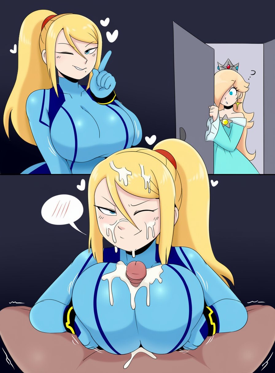 ai generated, blue archive, breasts, dark skin, dark-skinned futa, female, futa on female, futanari, intersex, karin (blue archive), light skin, light-skinned female, lovelyzen, metroid, paizuri, princess rosalina, samus aran, super mario galaxy