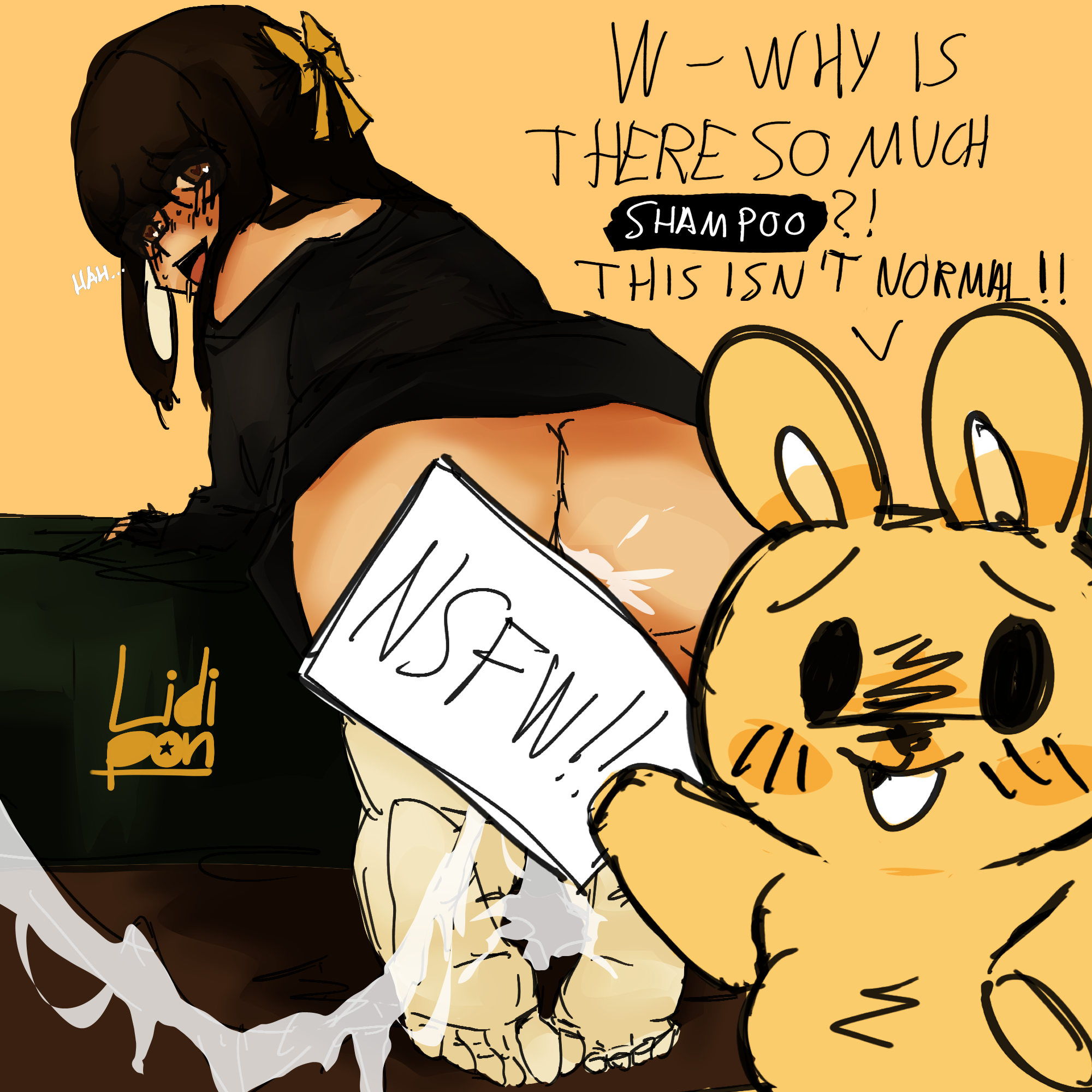 after orgasm, after sex, after vaginal, bangs, blush, blush lines, bow, brown hair, bunny, bunny ears, bunny girl, censor bar, censored, censored genitalia, censored pussy, clothed, clothed sex, comic, comic page, comic panel, comic strip, commission, cum, cum in pussy, cum inside, cum string, dripping, dripping cum, drooling, english, english commentary, english dialogue, english text, excessive cum, excessive genital fluids, feet, feet together, feet up, female, female only, female penetrated, funny, glasses, helena (lidipon), implied penetration, implied sex, lidipon, open mouth, orgasm, orgasm face, original, original character, original characters, parody, plushie, pussy, tagme, text, thighhighs, thighs