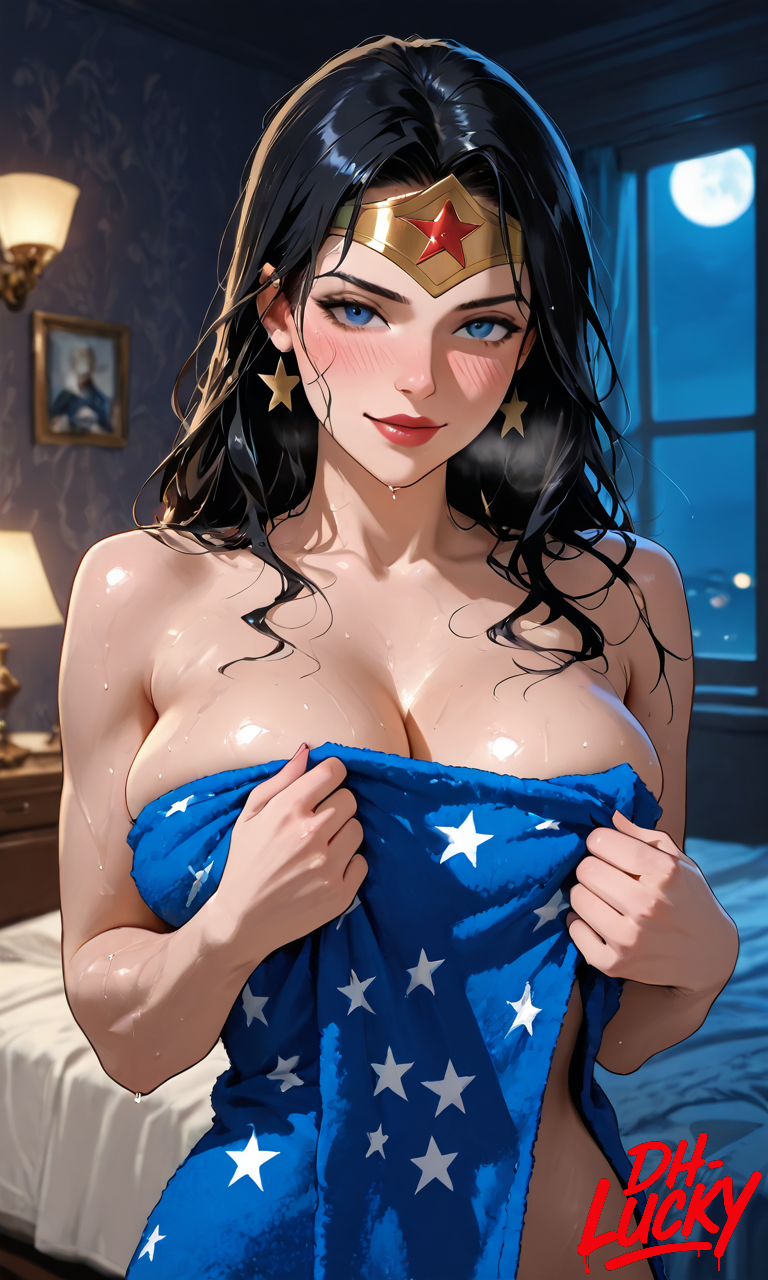1girls ai_generated bedroom big_breasts black_hair blush blush_lines breast breasts cleavage dc dc_comics dceu dh_lucky diana_prince female justice_league long_hair looking_at_viewer mature_female moonlight muscular muscular_female smiling solo solo_female thick_thighs thighs towel towel_only wet wet_body wide_hips wonder_woman wonder_woman_(series)