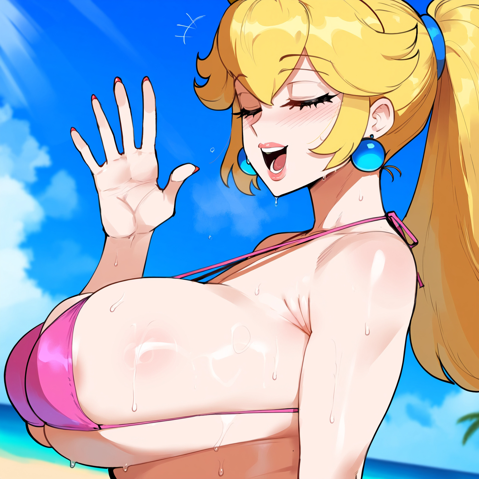 1girls, ai generated, ass, big breasts, bikini, blonde hair, blue eyes, breasts, female, female focus, hips, huge ass, huge breasts, juuicyai, large breasts, light skin, light-skinned female, mario (series), ponytail, princess peach, thick thighs, thighs, wide hips