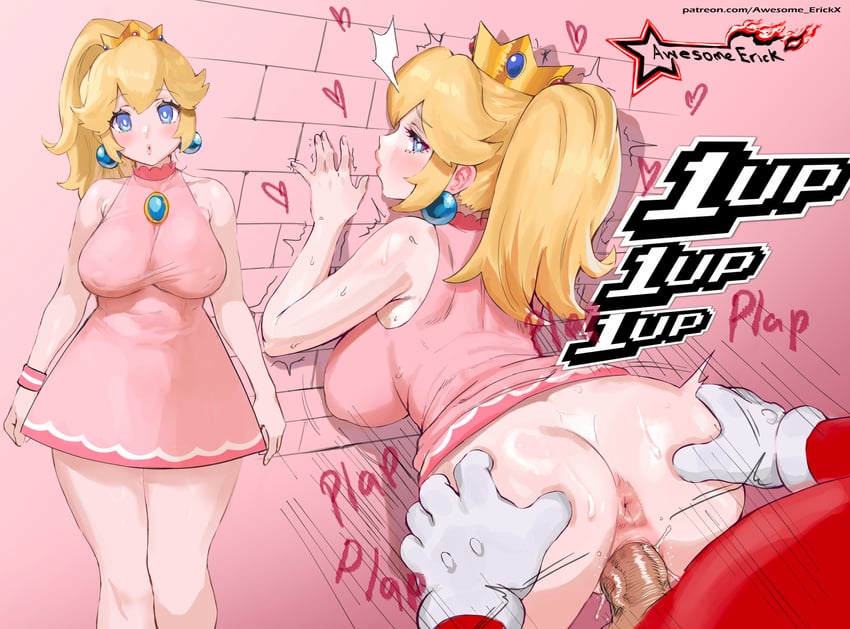1boy, 1girls, 1up, absurdres, against wall, anus, ass, ass grab, awesomeerix, bare shoulders, bent over, big ass, big breasts, blonde hair, blue eyes, blush, breast press, breasts, brooch, busty, clothed sex, covered nipples, crown, dress, earrings, erect nipples under clothes, fat ass, female, heart, highres, jewelry, large breasts, long hair, looking at viewer, looking back, looking pleasured, male, mario, mario (series), mario bros, mario tennis, moaning, multiple views, nintendo, penis, pink dress, pink lipstick, pleasure face, pleasured, ponytail, princess peach, pussy, sex, sideboob, straight, super mario bros., thighs, vaginal penetration, voluptuous