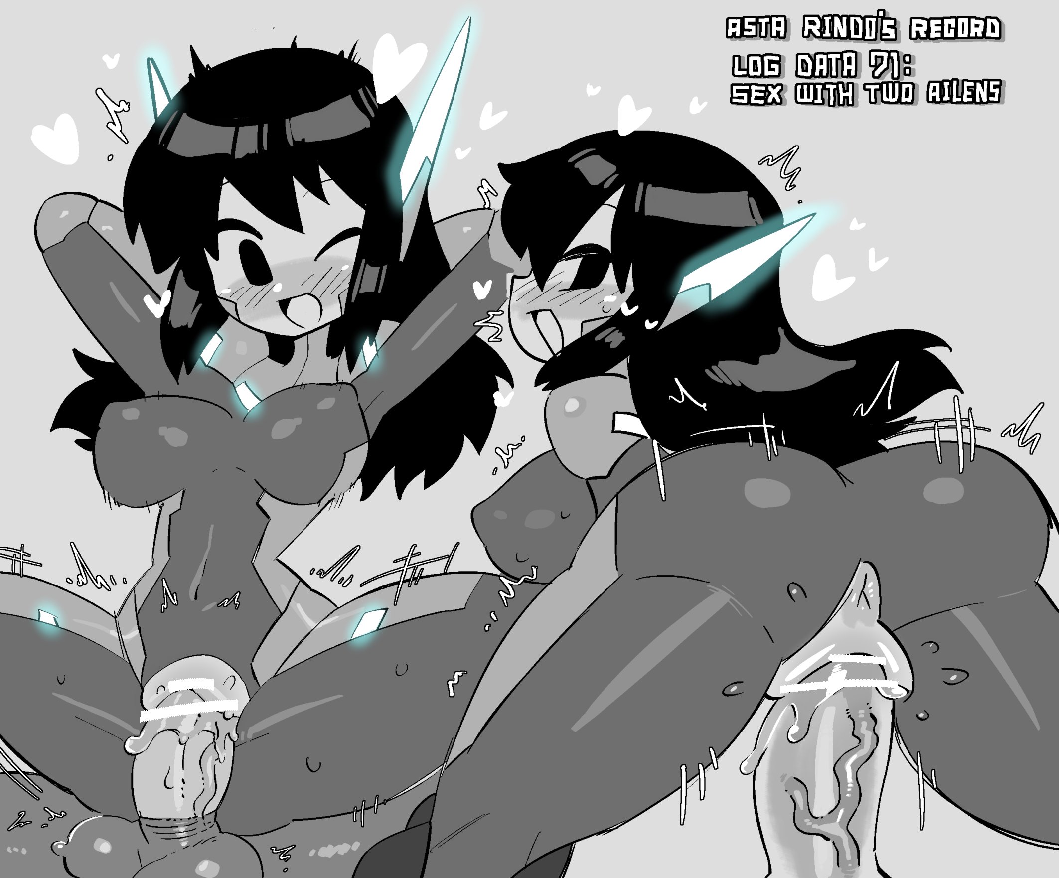 1girls, 2boys, anus, arms behind head, ass, asta (crap man), asta rindo, bent over, black eyes, black hair, blush, bodysuit, censor bar, censored, crap-man, english text, female, female focus, grey background, greyscale, heart, heavy blush, hi res, long hair, looking back, male, nipple bulge, one eye closed, open mouth, penetration, penis, pussy, reverse cowgirl position, smile, smiling, text, vaginal penetration, veiny penis