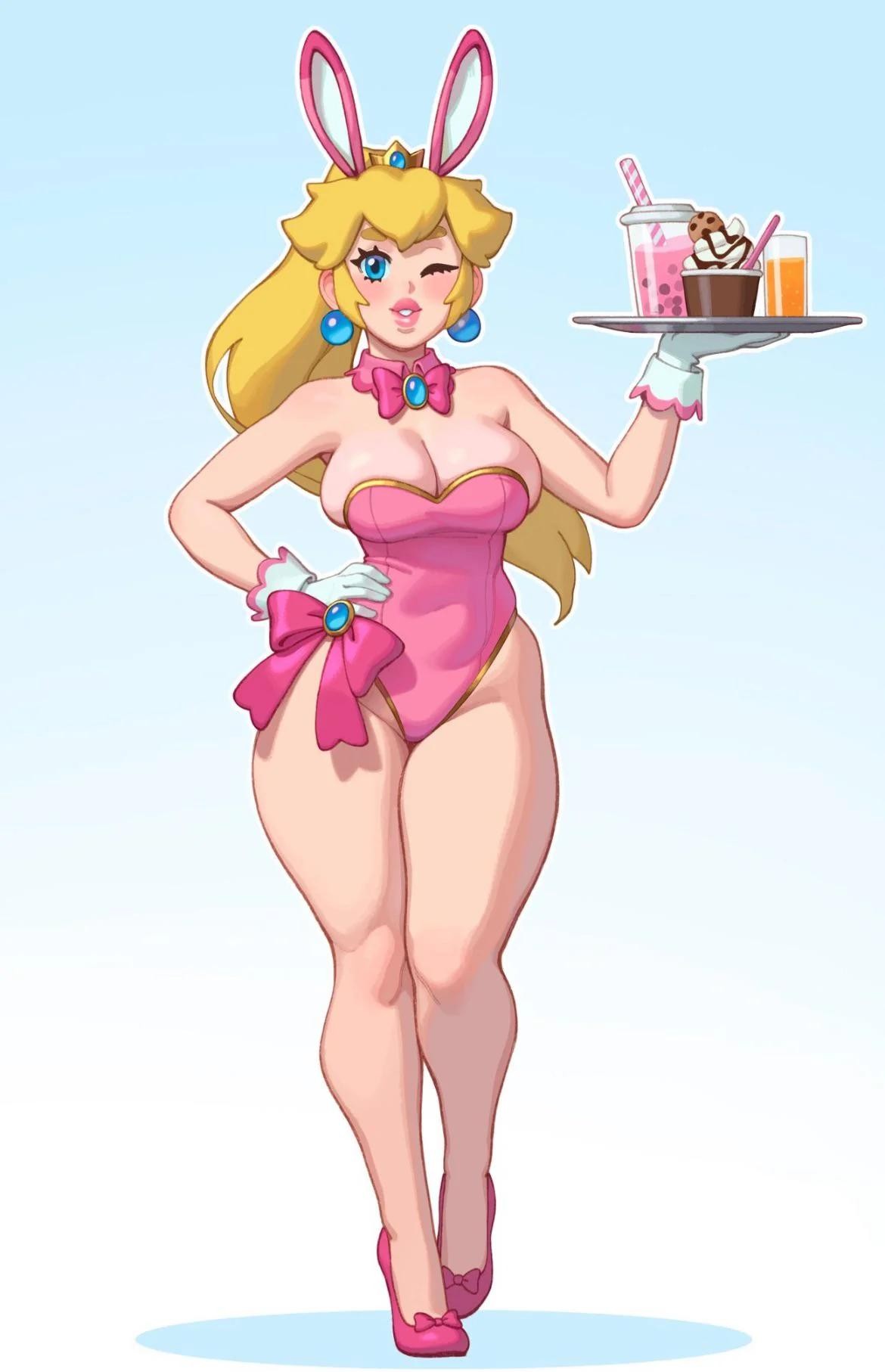 big breasts, boba tea, breasts, bunny ears, bunnysuit, chocolate chip cookie, chocolate sauce, chocolate syrup, cookie, drinking glass, drinking straw, female, food, glass, ice cream, mario (series), orange soda, princess peach, rizdraws, serving tray, soda, soft serve, tagme, waitress