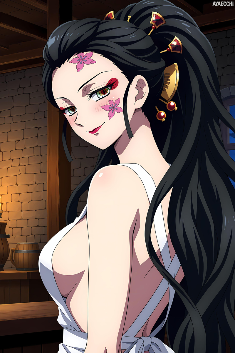 ai generated, alluring, ayaecchi, big breasts, black hair, blush, breasts, clothed, daki (kimetsu no yaiba), demon, demon girl, demon slayer, female, female focus, green eyes, kimetsu no yaiba, lipstick, night, seductive, seductive eyes, seductive look, seductive smile, smirk, tattoo, tomioka giyuu