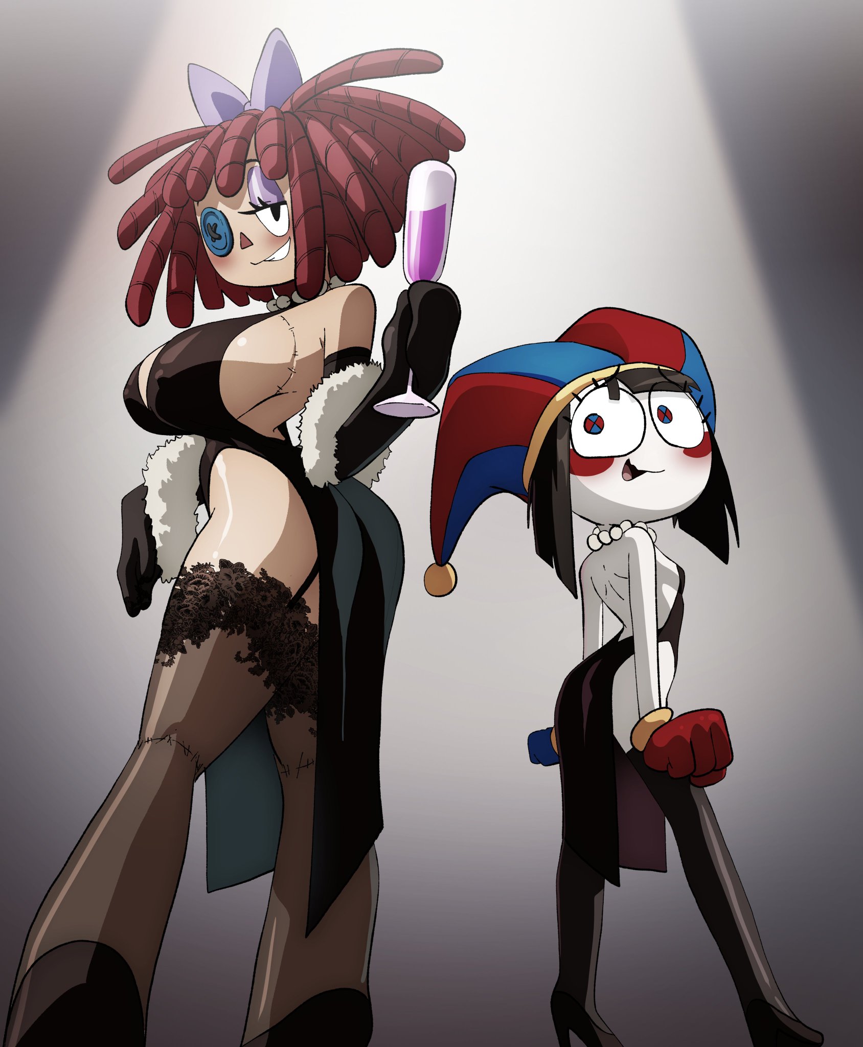 2girls, ass, bare arms, bare legs, bare shoulders, bare thighs, big ass, big breasts, big butt, blush, breasts, brown hair, color, coolerinker, doll, dress, female, female only, glitch productions, hi res, high heels, inker comics, inkershike, jester, jester hat, large breasts, light skin, light-skinned female, looking at viewer, pomni (the amazing digital circus), ragatha (pub outfit), ragatha (the amazing digital circus), red hair, short hair, stockings, tadc, tagme, the amazing digital circus, thick thighs