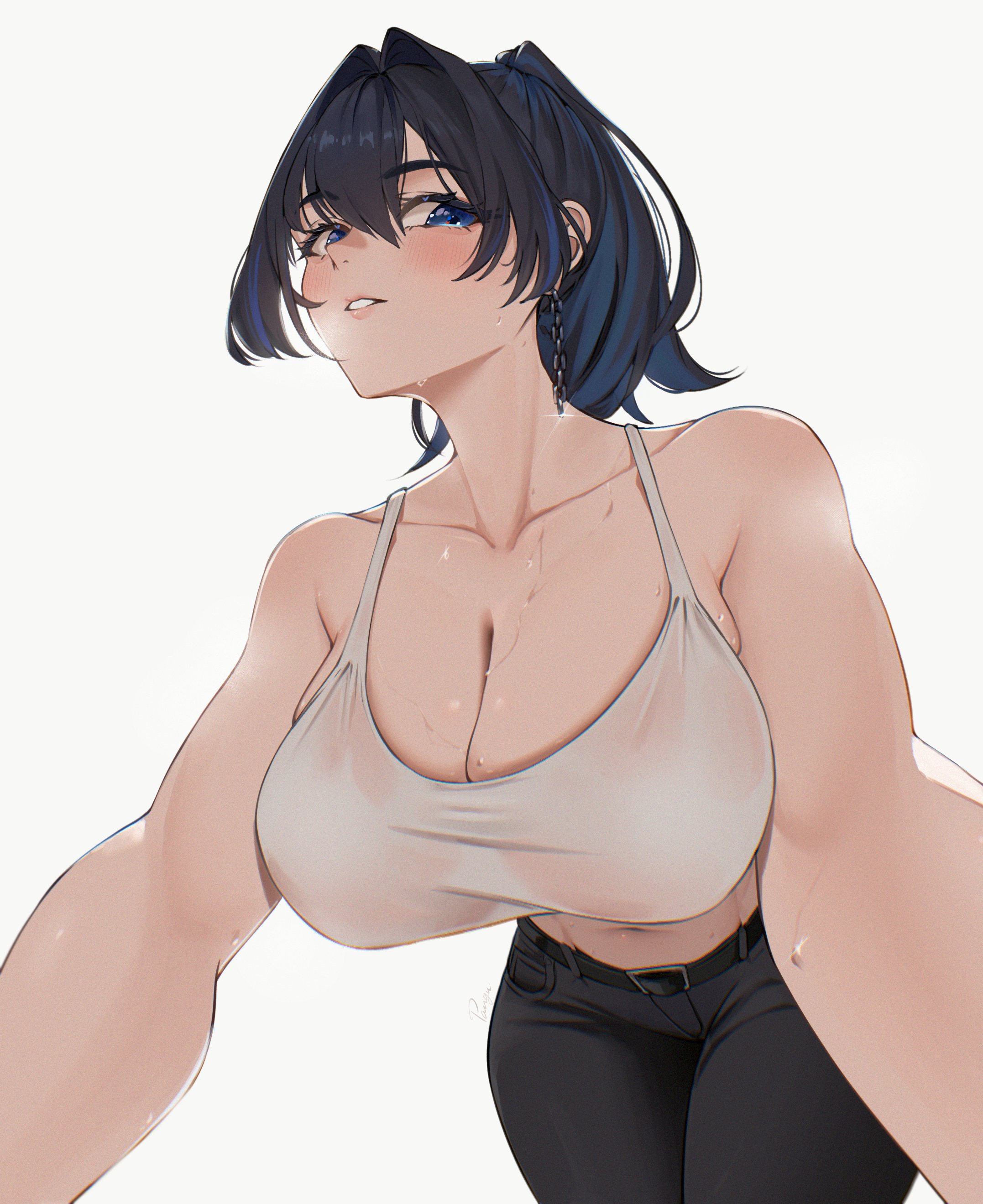 1girls, big breasts, black hair, blue eyes, bodily fluids, breasts, cleavage, earrings, elpanguin, female, female only, hanging breasts, hololive, hololive english, hololive english -council-, large breasts, ouro kronii, pants, see-through top, sweat, tagme, tank top, virtual youtuber, white background, white top